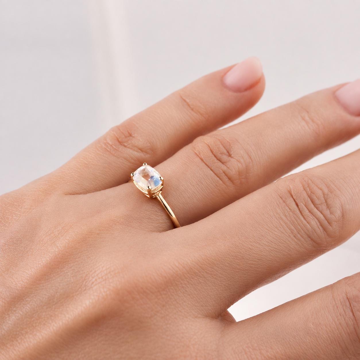 One of a Kind Rainbow Moonstone Ring, 14K Solid Gold, Faceted Cushion Cut Moonstone Ring, Unique Gemstone Ring