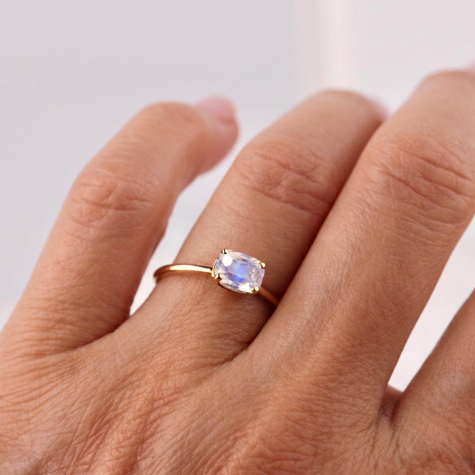 One of a Kind Rainbow Moonstone Ring, 14K Solid Gold, Faceted Cushion Cut Moonstone Ring, Unique Gemstone Ring