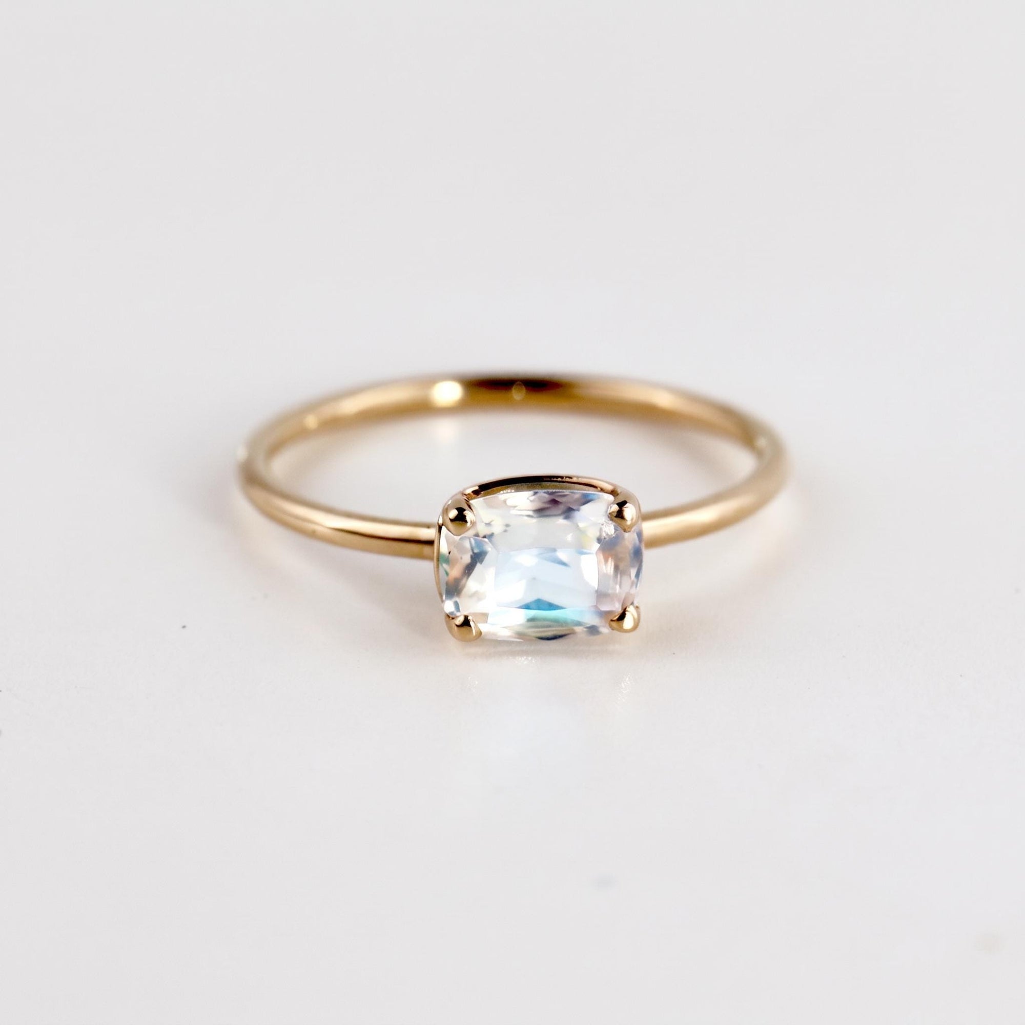 One of a Kind Rainbow Moonstone Ring, 14K Solid Gold, Faceted Cushion Cut Moonstone Ring, Unique Gemstone Ring