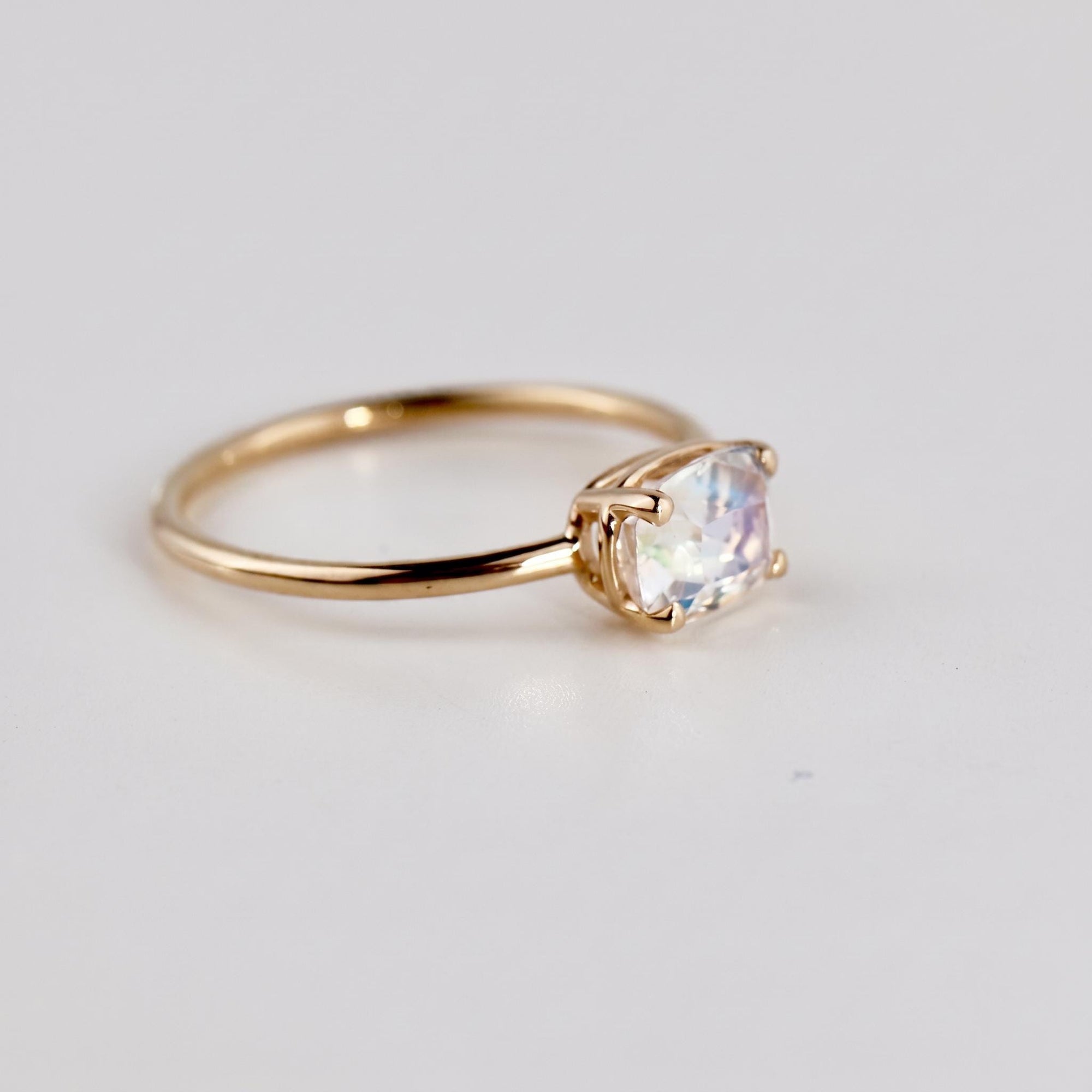 One of a Kind Rainbow Moonstone Ring, 14K Solid Gold, Faceted Cushion Cut Moonstone Ring, Unique Gemstone Ring