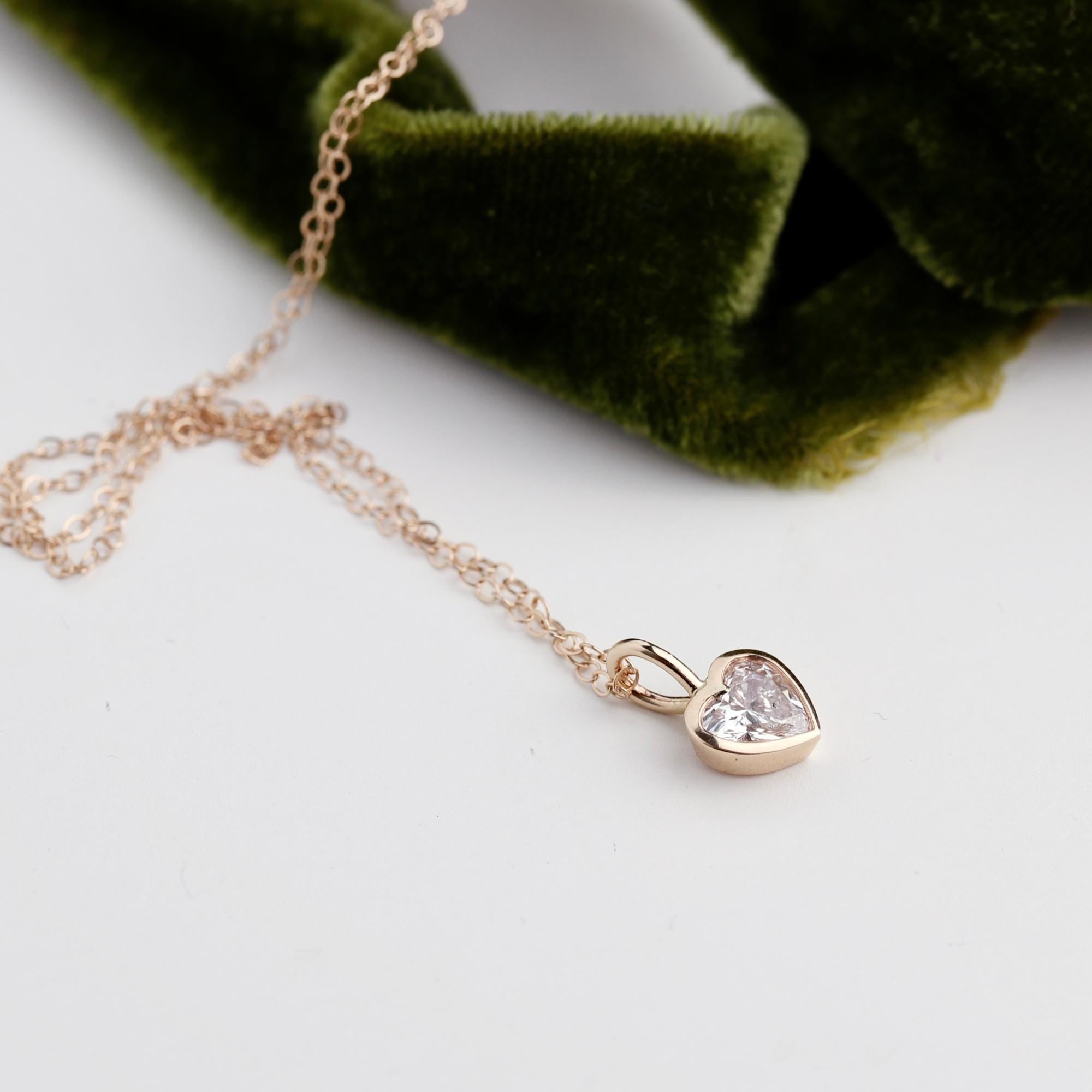 Lab Grown Diamond Heart Pendant, 14K Solid Gold Bezel Set Heart Necklace, 0.69 Carat Diamond, Handmade Fine Jewelry