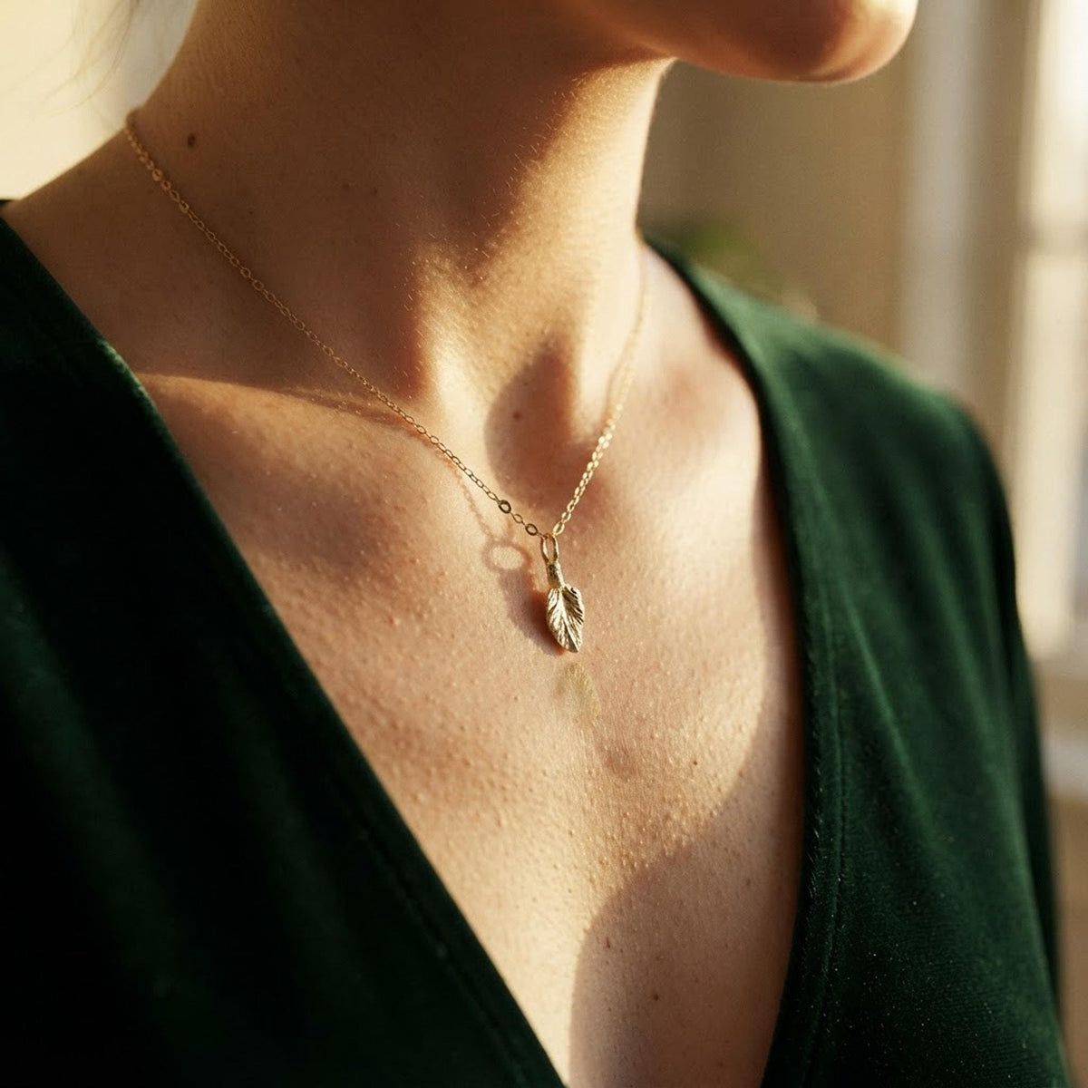 Gold Leaf Necklace, 14k Solid Gold Tiny Leaf Pendant, Nature Inspired Botanical Jewelry, Nature Lover Gift for Her shown in an AI-generated listing photo