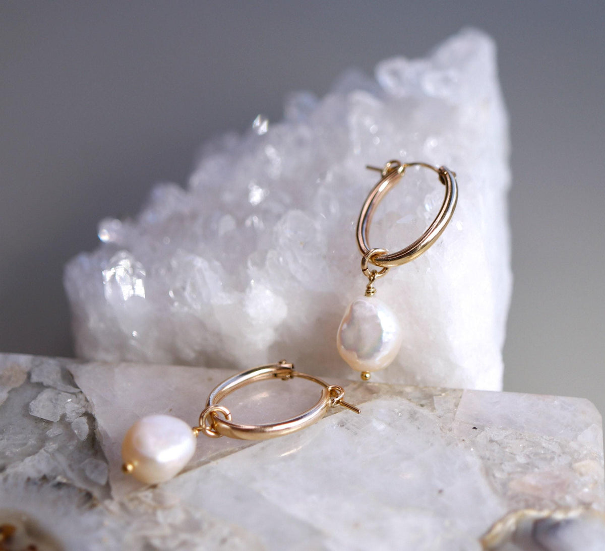 Pearl Hoop Earrings, Gold Filled Oval Hoop Earrings with Baroque Pearls - Melt'm Jewelry