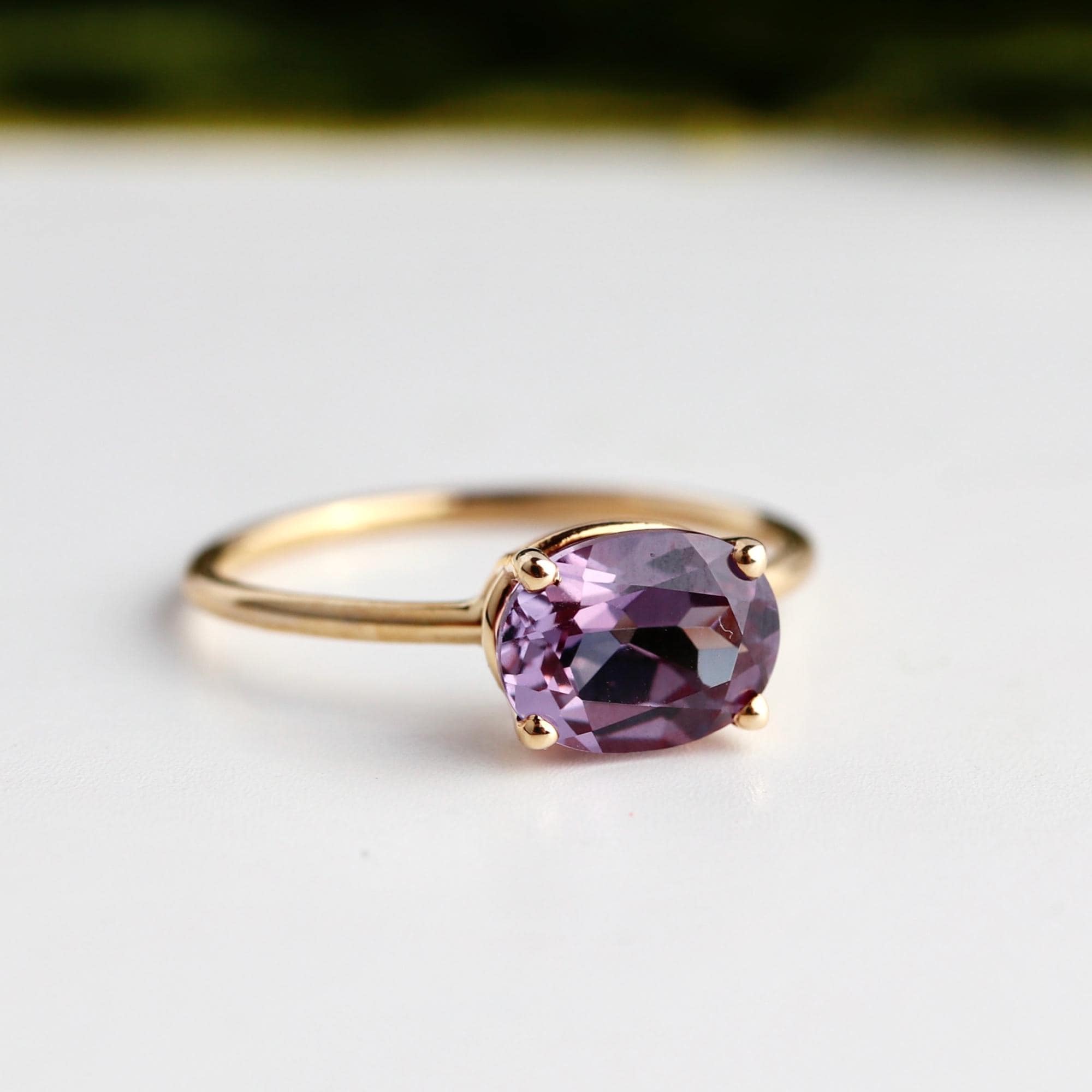 Color Change Sapphire Ring 14K Gold, East West Oval Lab Grown Sapphire Ring, Purple Sapphire Engagement Ring, Alternative Bridal Ring