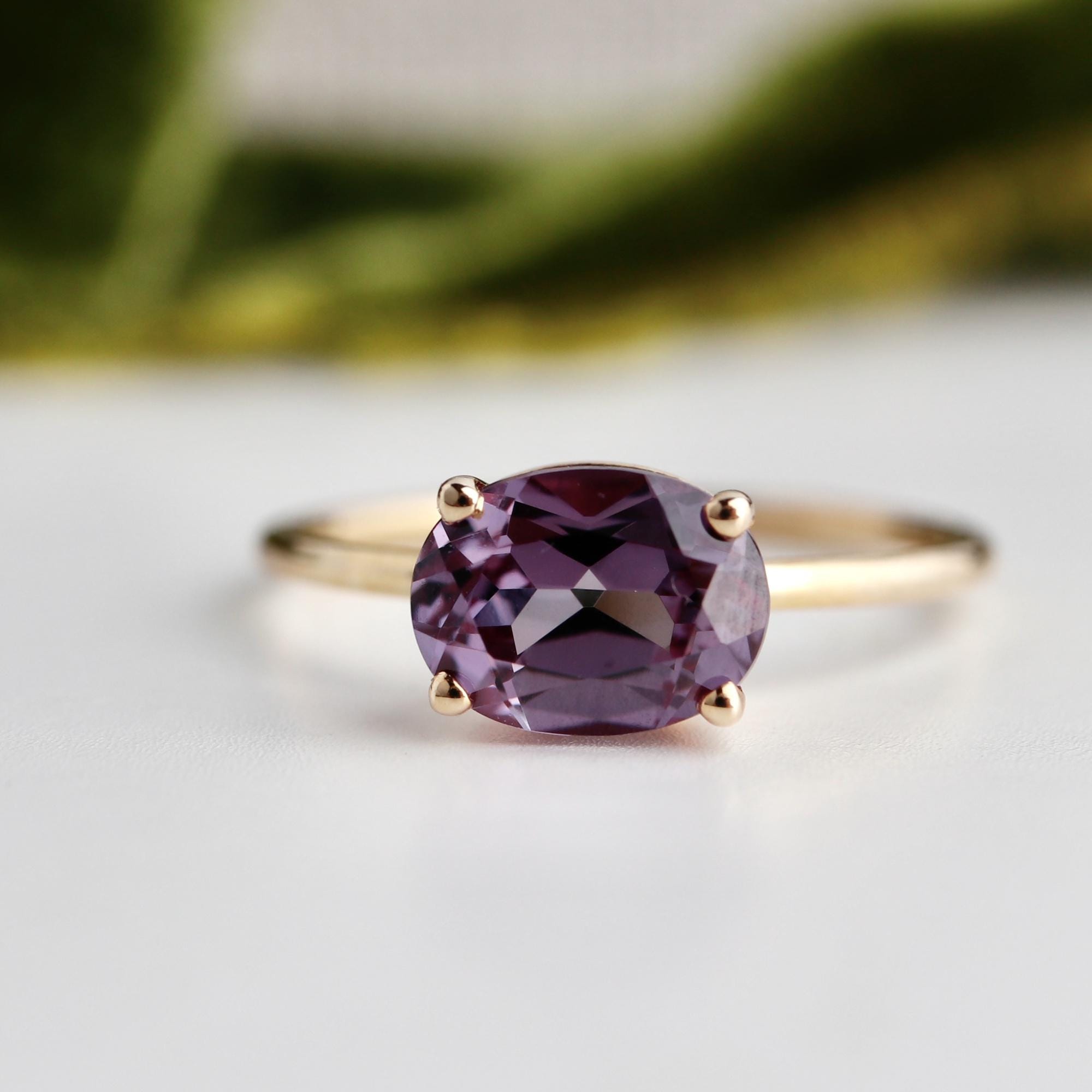Color Change Sapphire Ring 14K Gold, East West Oval Lab Grown Sapphire Ring, Purple Sapphire Engagement Ring, Alternative Bridal Ring