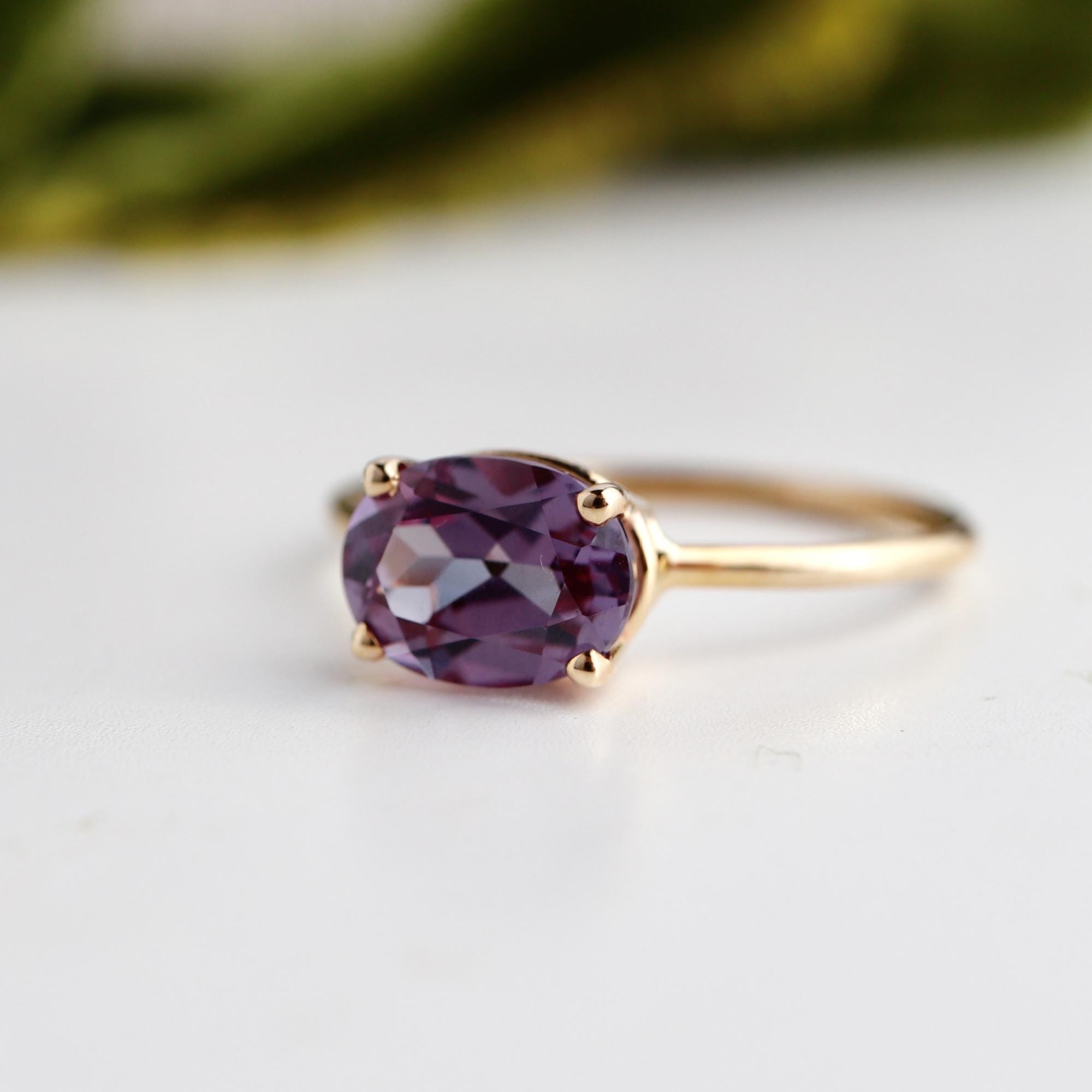 Color Change Sapphire Ring 14K Gold, East West Oval Lab Grown Sapphire Ring, Purple Sapphire Engagement Ring, Alternative Bridal Ring