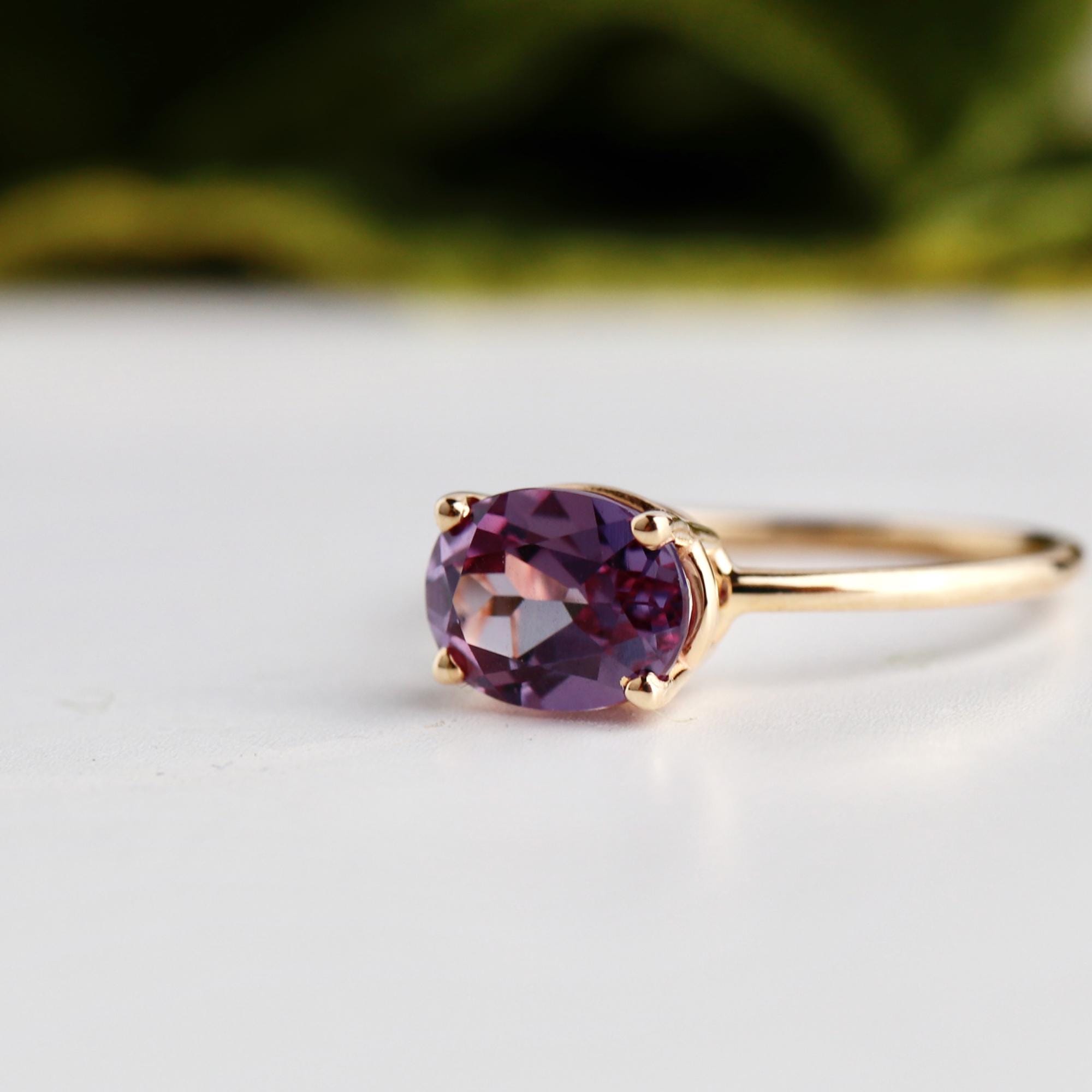 Color Change Sapphire Ring 14K Gold, East West Oval Lab Grown Sapphire Ring, Purple Sapphire Engagement Ring, Alternative Bridal Ring