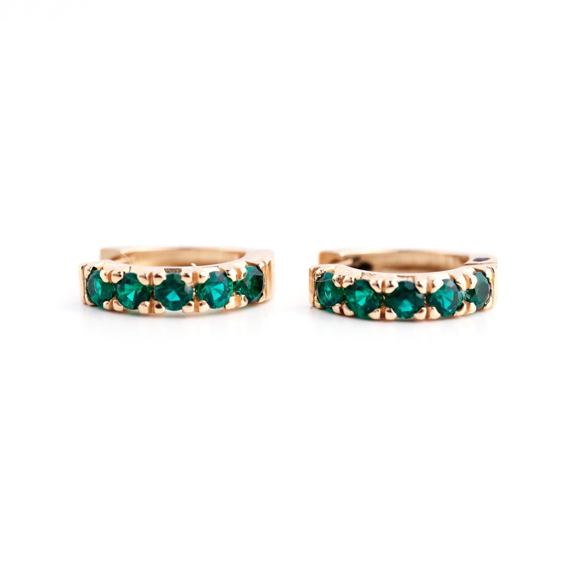 Emerald Huggie Earrings 14K Gold, Lab Grown Emerald Hoop Earrings, 15mm Solid Gold Huggies, Green Gemstone Fine Jewelry