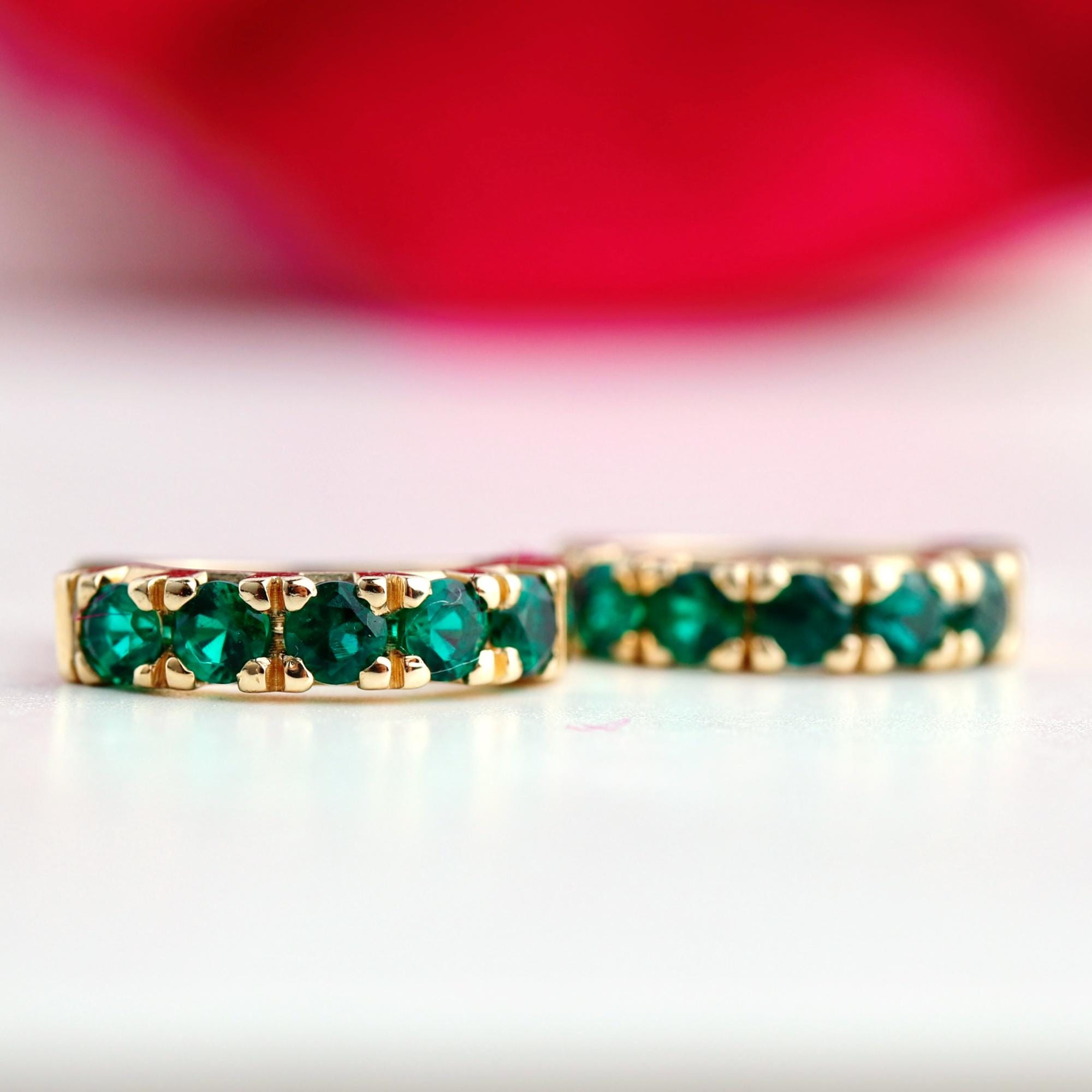 Emerald Huggie Earrings 14K Gold, Lab Grown Emerald Hoop Earrings, 15mm Solid Gold Huggies, Green Gemstone Fine Jewelry