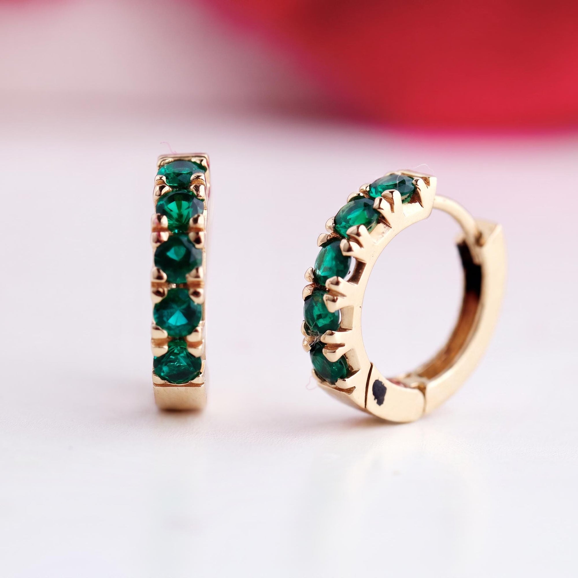 Emerald Huggie Earrings 14K Gold, Lab Grown Emerald Hoop Earrings, 15mm Solid Gold Huggies, Green Gemstone Fine Jewelry