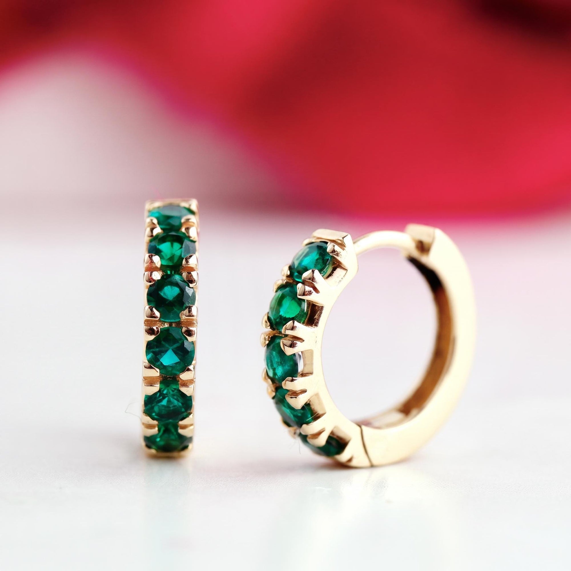 Emerald Huggie Earrings 14K Gold, Lab Grown Emerald Hoop Earrings, 15mm Solid Gold Huggies, Green Gemstone Fine Jewelry
