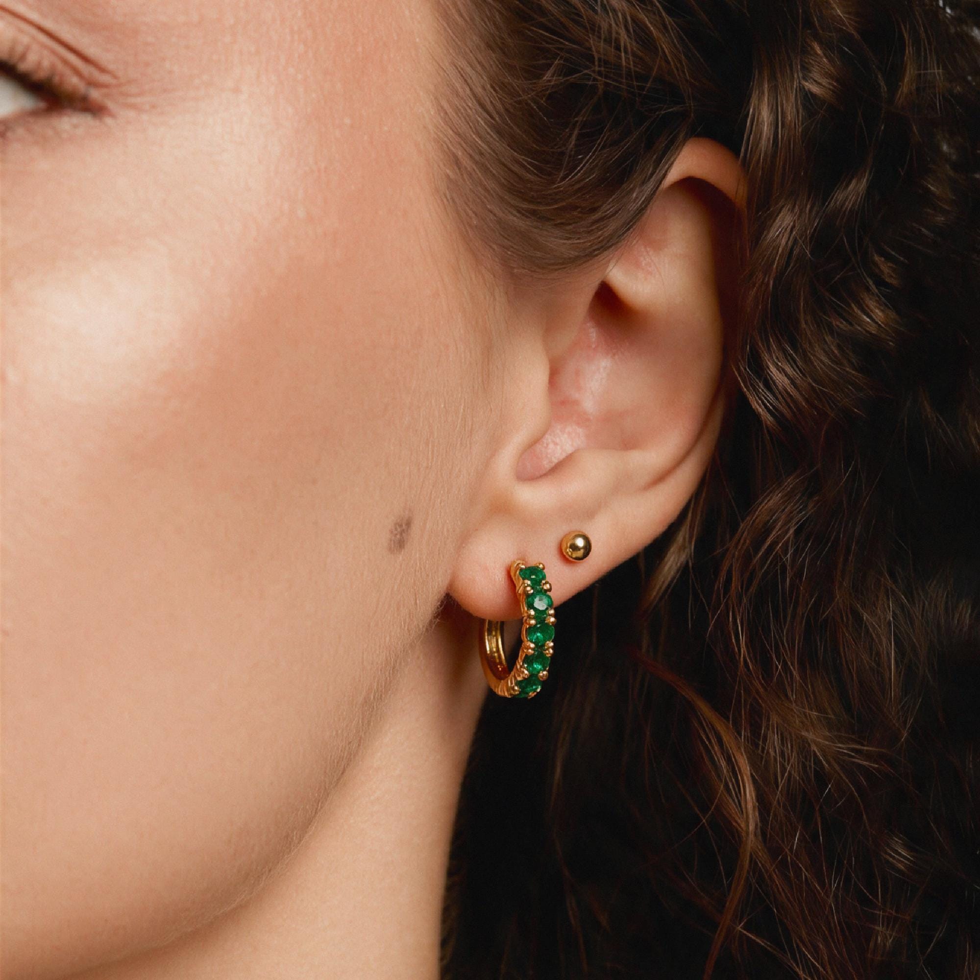 Emerald Huggie Earrings 14K Gold, Lab Grown Emerald Hoop Earrings, 15mm Solid Gold Huggies, Green Gemstone Fine Jewelry