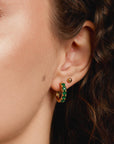 Emerald Huggie Earrings 14K Gold, Lab Grown Emerald Hoop Earrings, 15mm Solid Gold Huggies, Green Gemstone Fine Jewelry