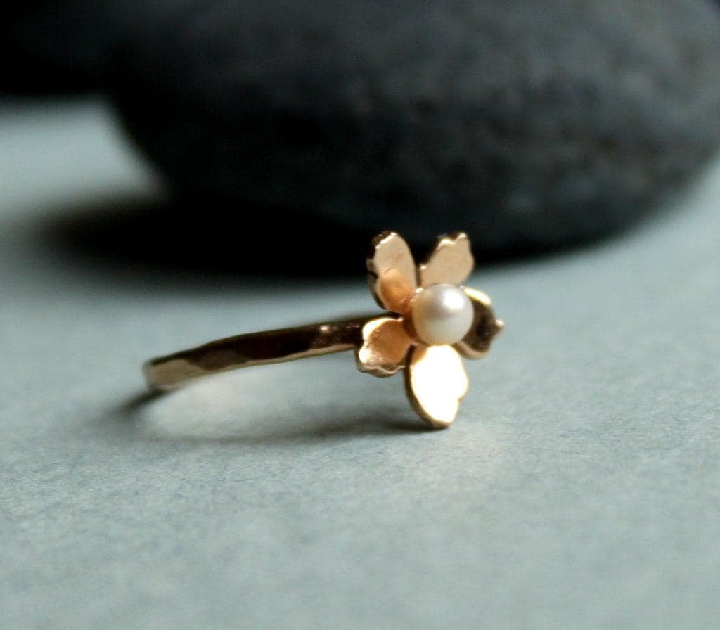 Floral Pearl Ring 14k Solid Gold, Unique Handmade Flower Engagement Ring - Melt'm Jewelry