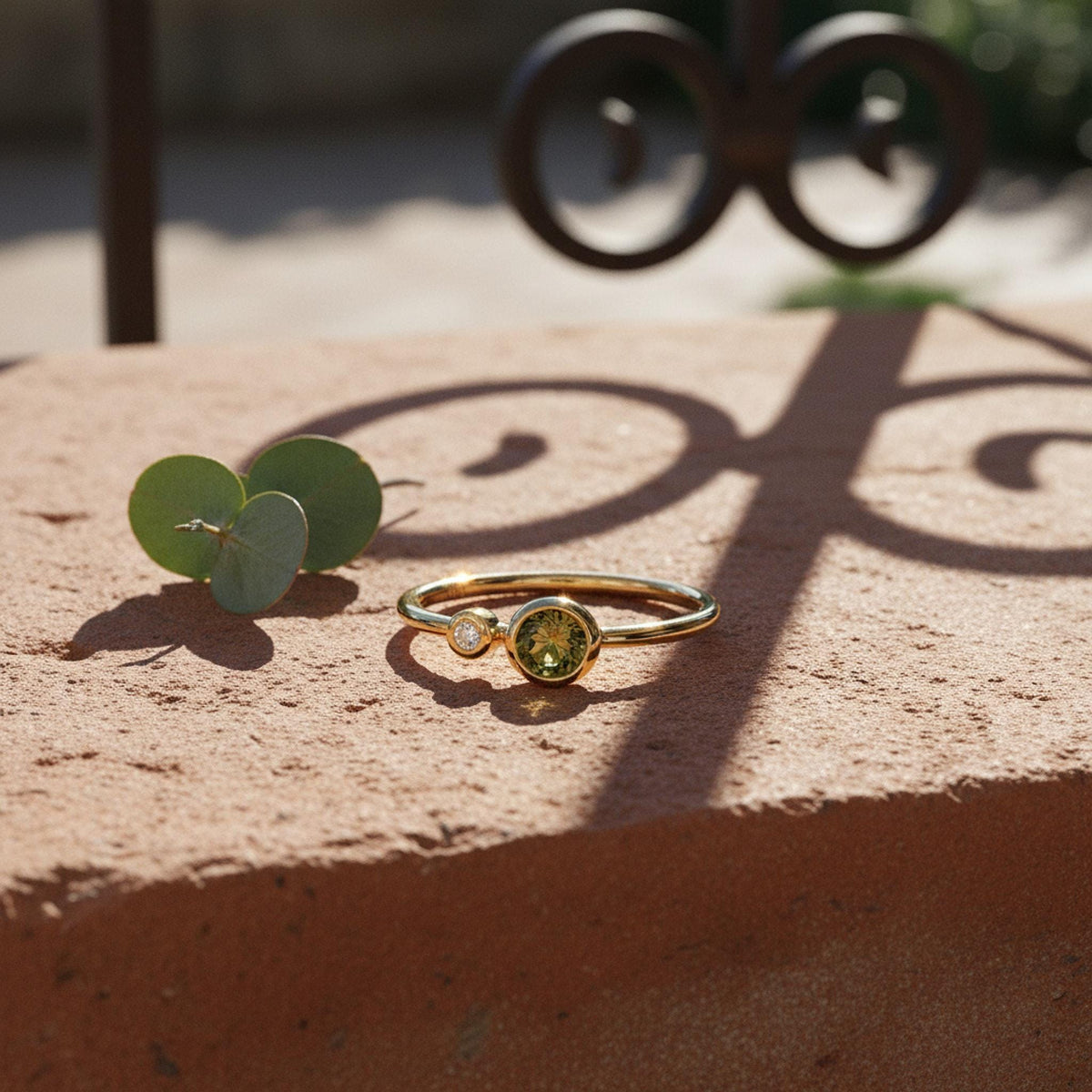 Dual Birthstone Ring Handmade, Diamond &amp; Green Tourmaline Ring 14k Solid Gold, Two Birthstone Ring, Unique Minimalist Anniversary Ring shown in an AI-generated listing photo