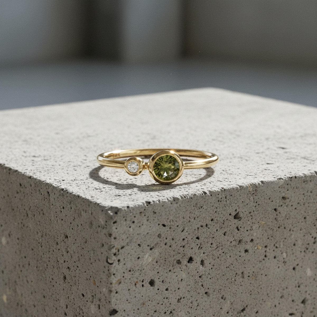 Dual Birthstone Ring Handmade, Diamond &amp; Green Tourmaline Ring 14k Solid Gold, Two Birthstone Ring, Unique Minimalist Anniversary Ring shown in an AI-generated listing photo
