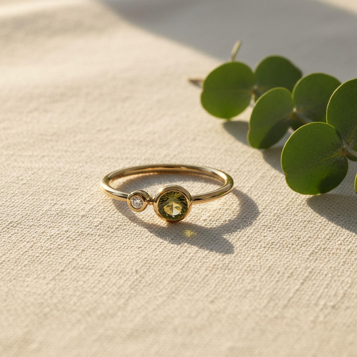 Dual Birthstone Ring Handmade, Diamond &amp; Green Tourmaline Ring 14k Solid Gold, Two Birthstone Ring, Unique Minimalist Anniversary Ring shown in an AI-generated listing photo