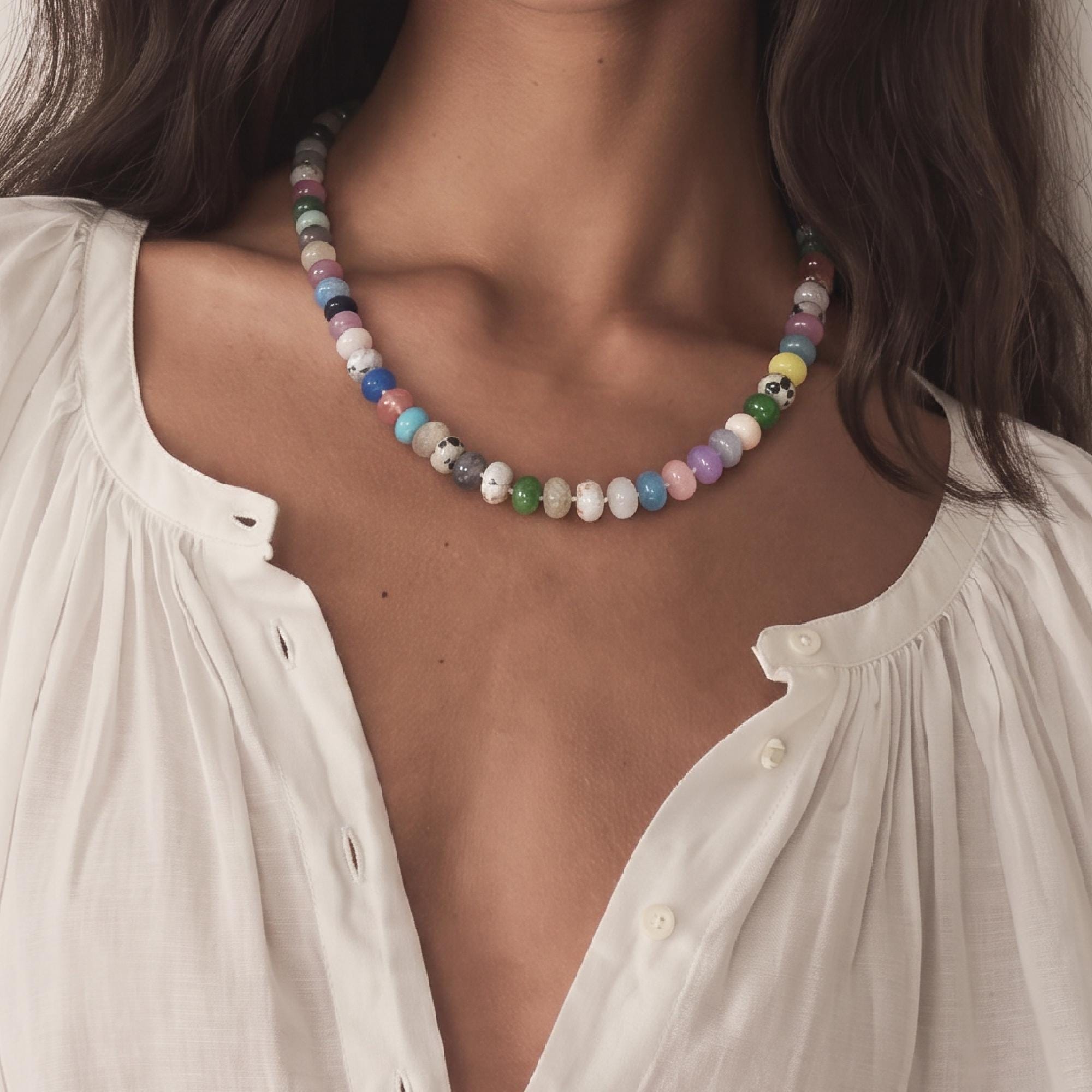 Multi Gemstone Necklace, Colorful Gemstone Beaded Necklace, 8mm Rondelle Beads, 14K Gold Filled, Hand Knotted Silk