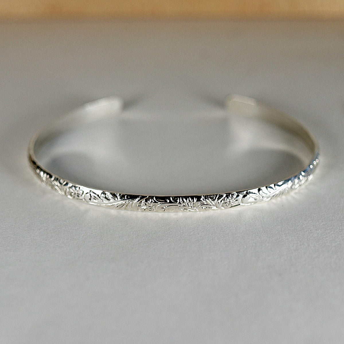 Sterling Silver Open Cuff Bracelet Leaf &amp; Flowers, Handwriting Inside - Melt'm Jewelry