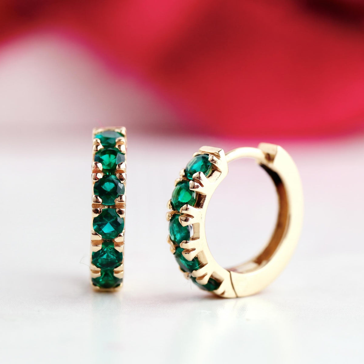 Emerald Huggie Earrings 14K Gold, Lab Grown Emerald Hoops - 15mm - Melt'm Jewelry