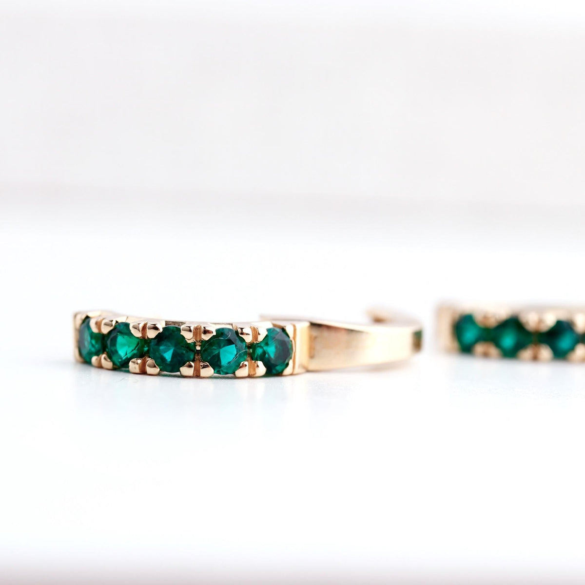 Emerald Huggie Earrings 14K Gold, Lab Grown Emerald Hoops - 15mm - Melt'm Jewelry