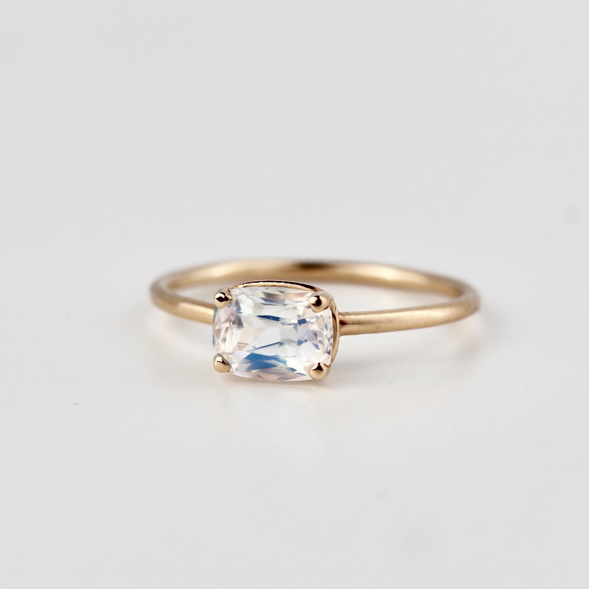 One of a Kind Rainbow Moonstone Ring, 14K Solid Gold, Faceted Cushion Cut Moonstone Ring, Unique Gemstone Ring