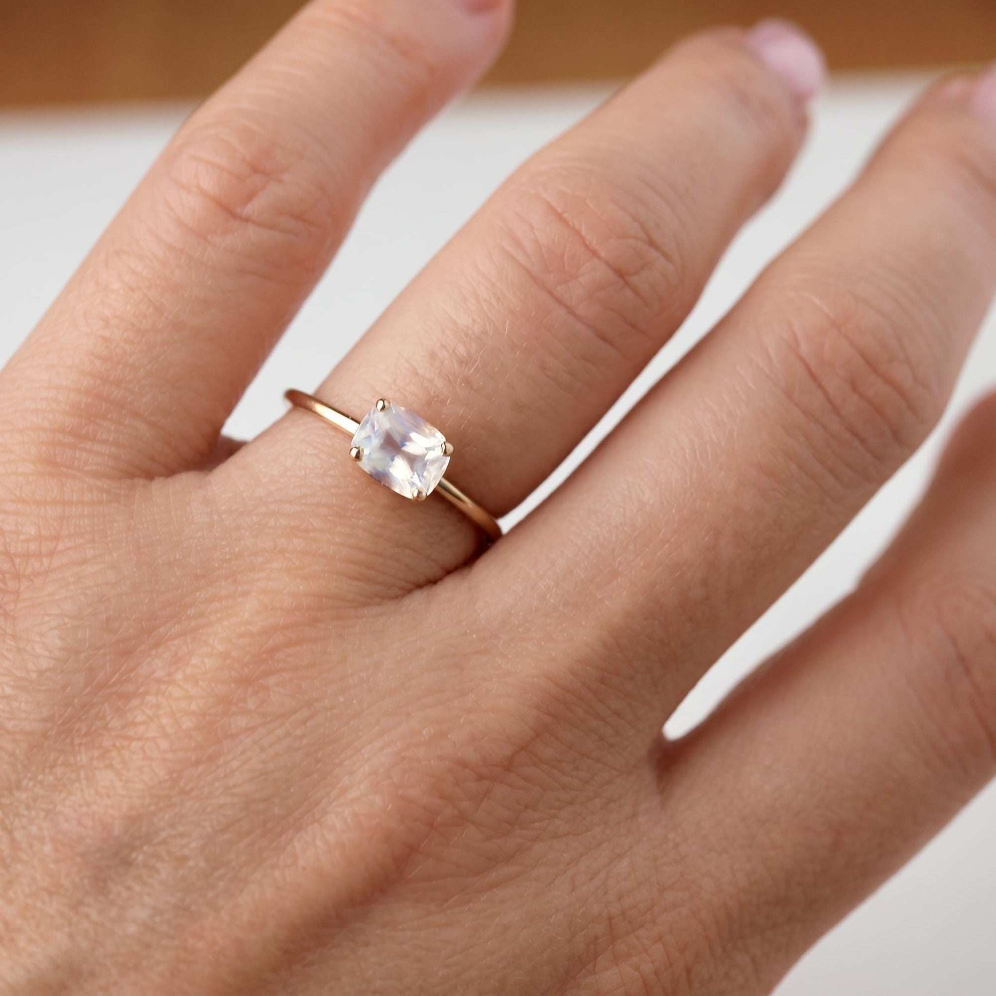 One of a Kind Rainbow Moonstone Ring, 14K Solid Gold, Faceted Cushion Cut Moonstone Ring, Unique Gemstone Ring