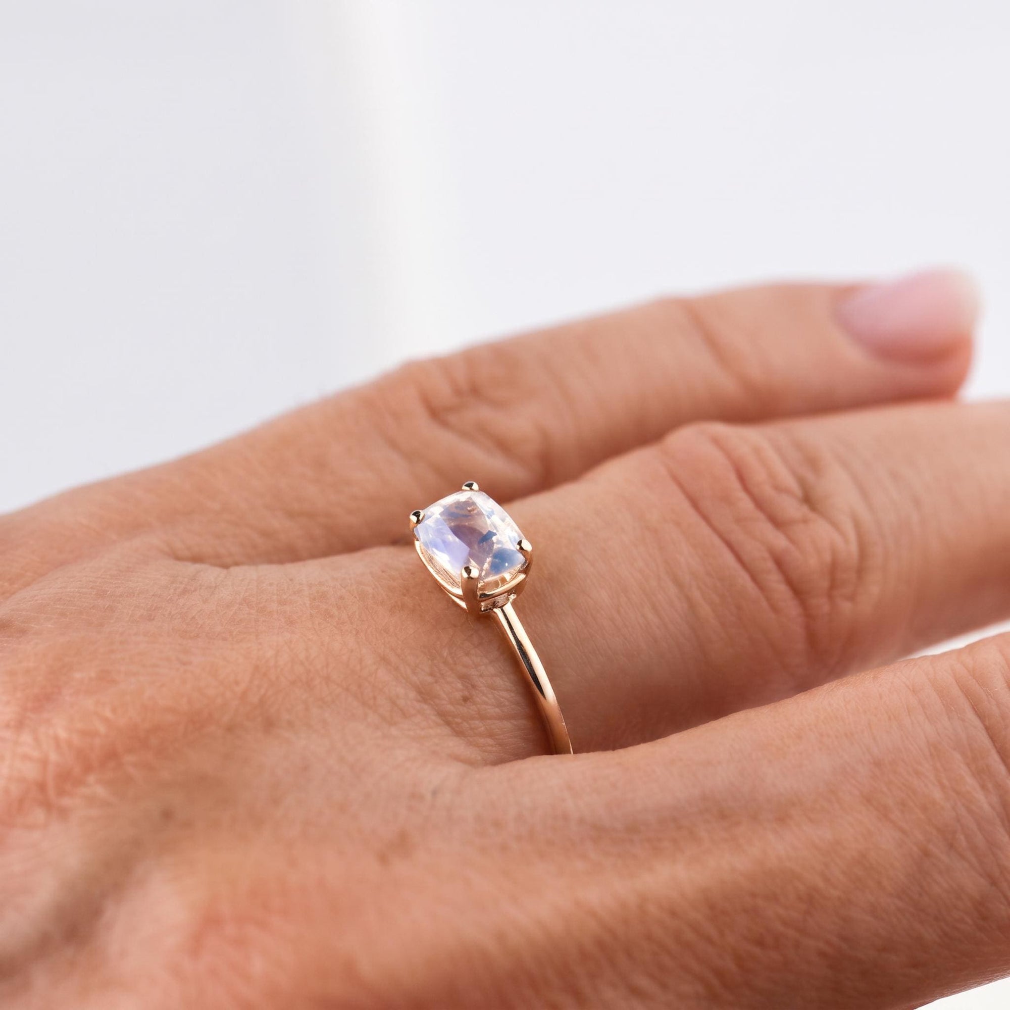 One of a Kind Rainbow Moonstone Ring, 14K Solid Gold, Faceted Cushion Cut Moonstone Ring, Unique Gemstone Ring