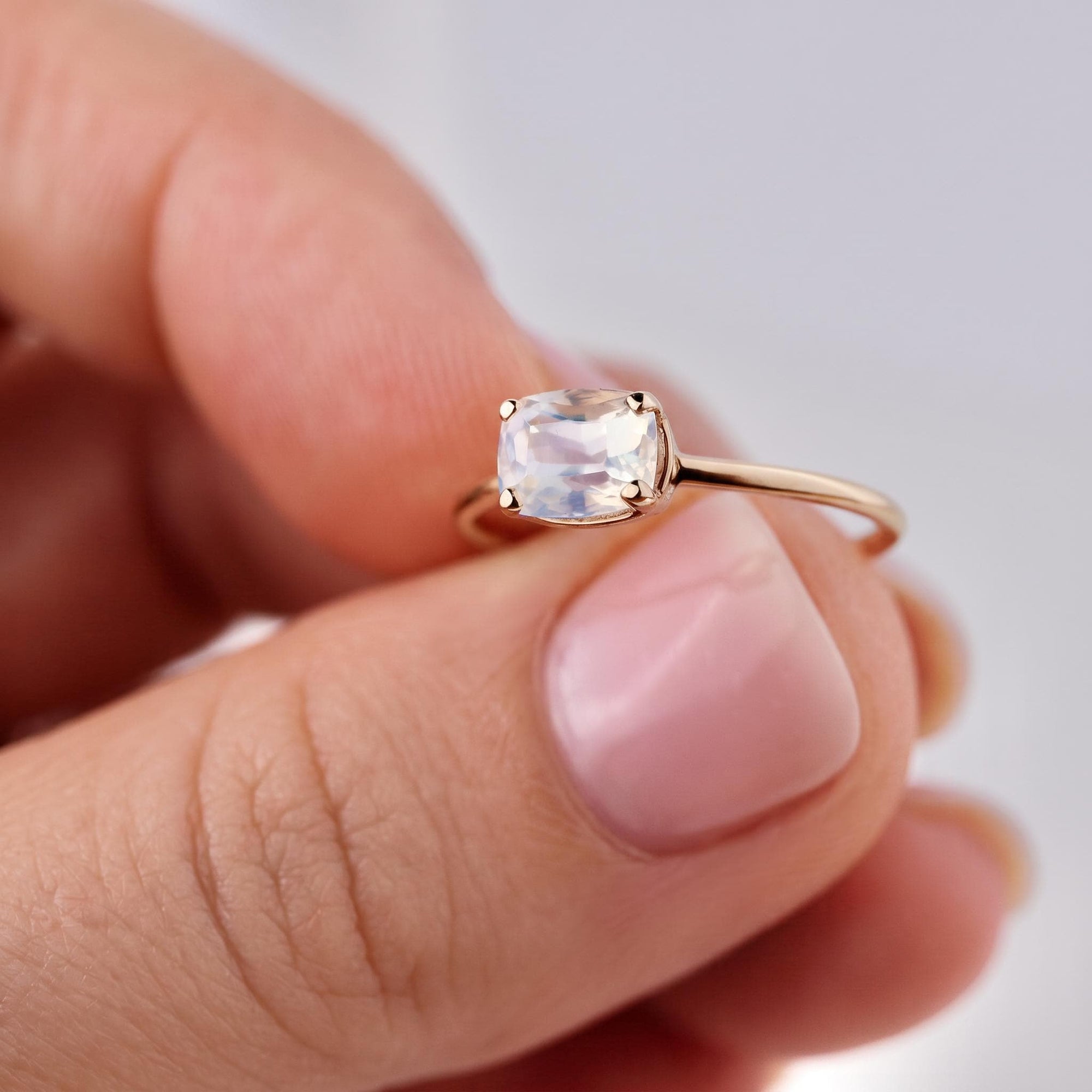 One of a Kind Rainbow Moonstone Ring, 14K Solid Gold, Faceted Cushion Cut Moonstone Ring, Unique Gemstone Ring