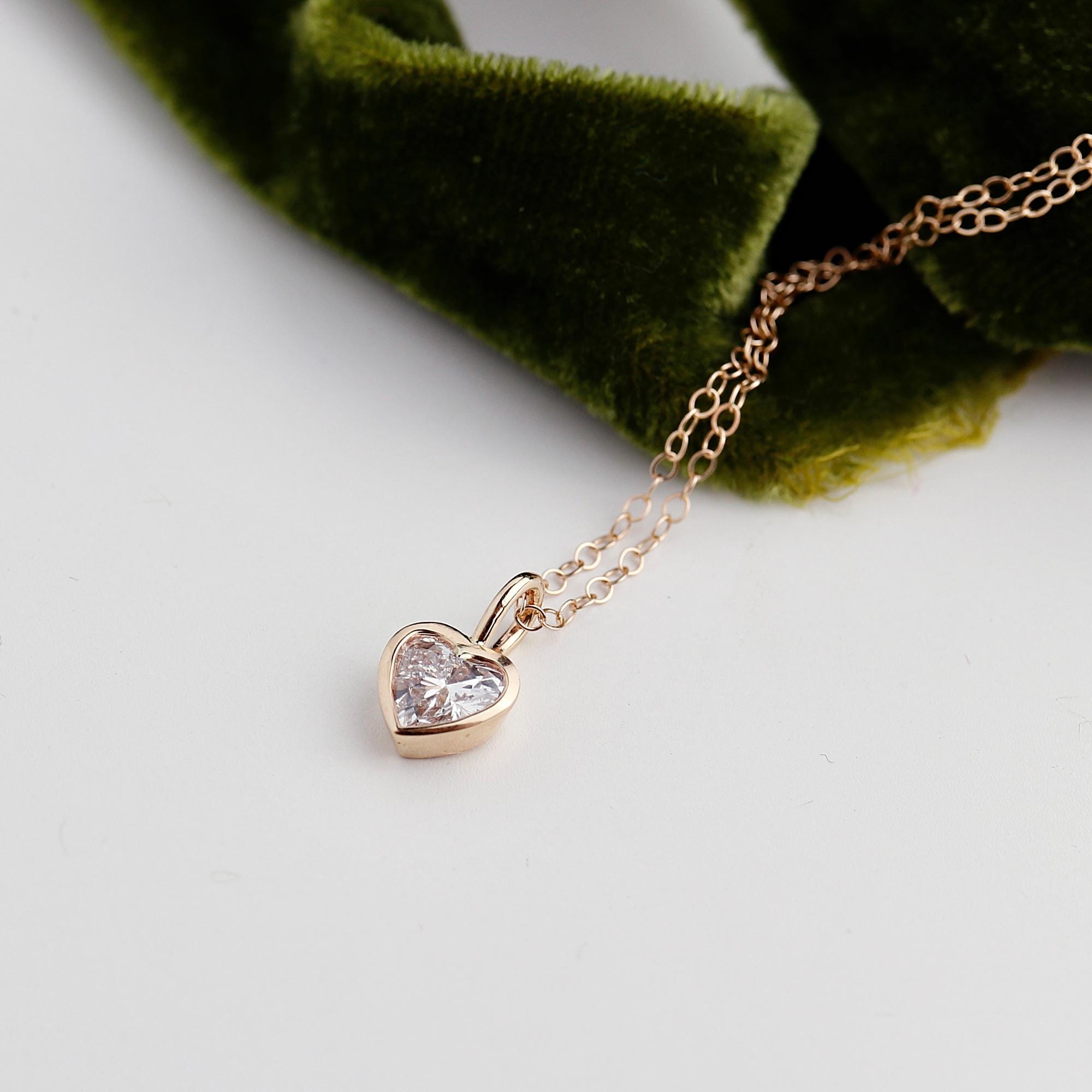 Lab Grown Diamond Heart Pendant, 14K Solid Gold Bezel Set Heart Necklace, 0.69 Carat Diamond, Handmade Fine Jewelry