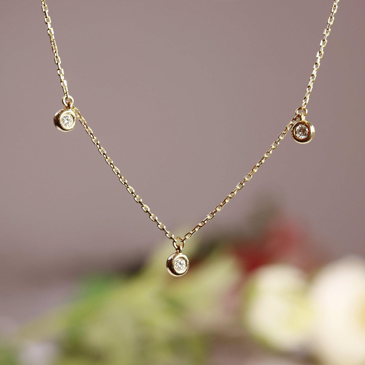 3 Diamond Station Necklace in 14k Gold - Melt'm Jewelry