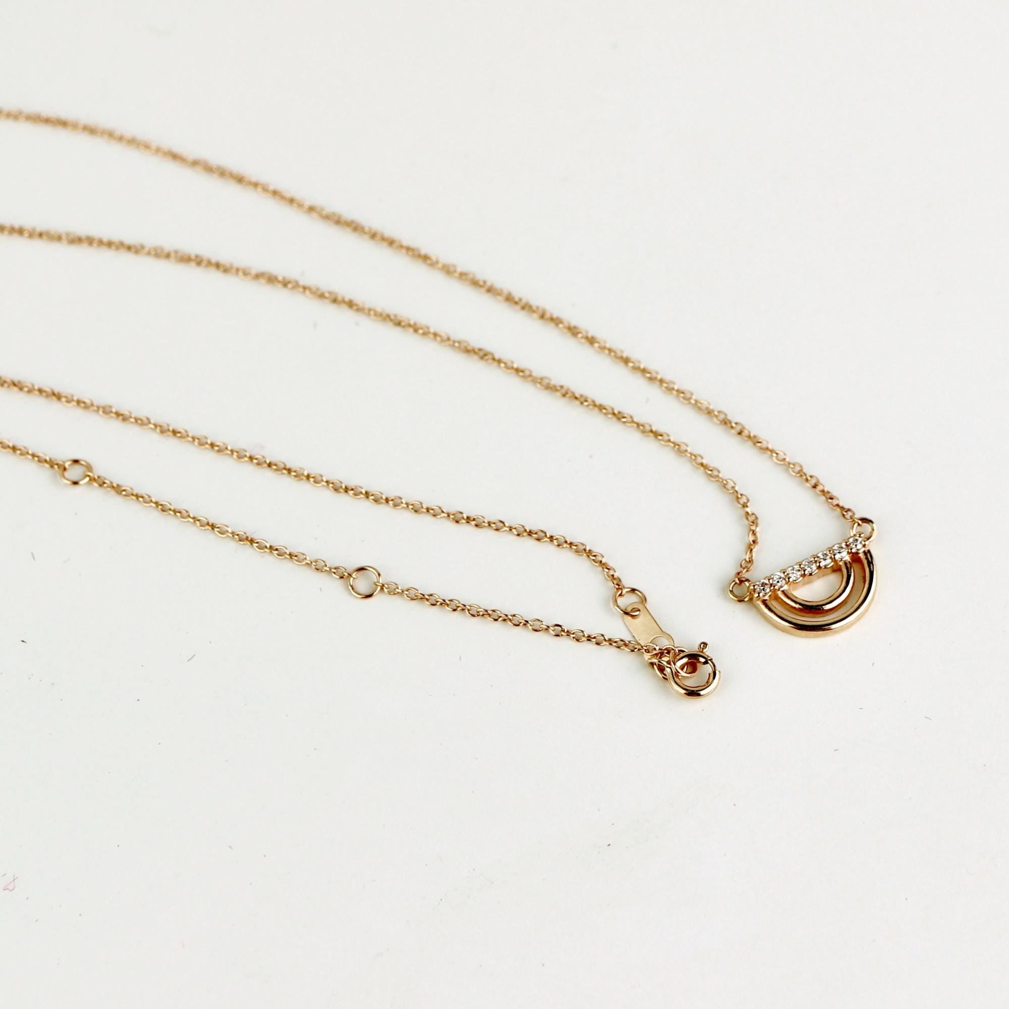 10K Solid Gold Diamond Rainbow Necklace, Lab Grown Diamond Pendant, Dainty Gold Necklace, Adjustable 16-20", Gift for Her