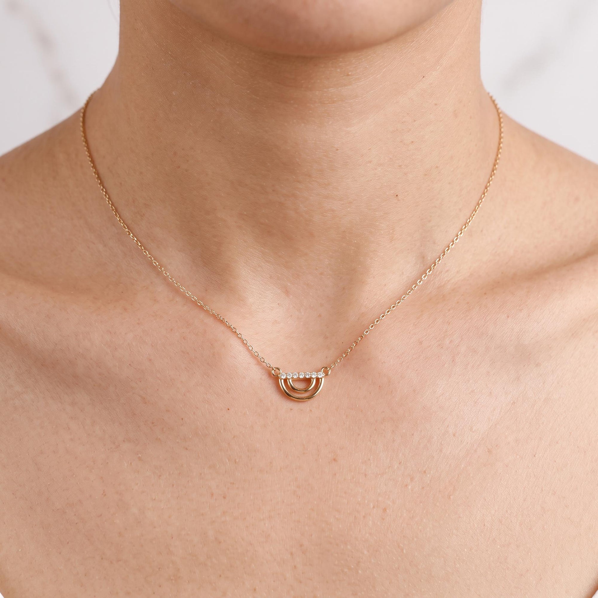 10K Solid Gold Diamond Rainbow Necklace, Lab Grown Diamond Pendant, Dainty Gold Necklace, Adjustable 16-20", Gift for Her