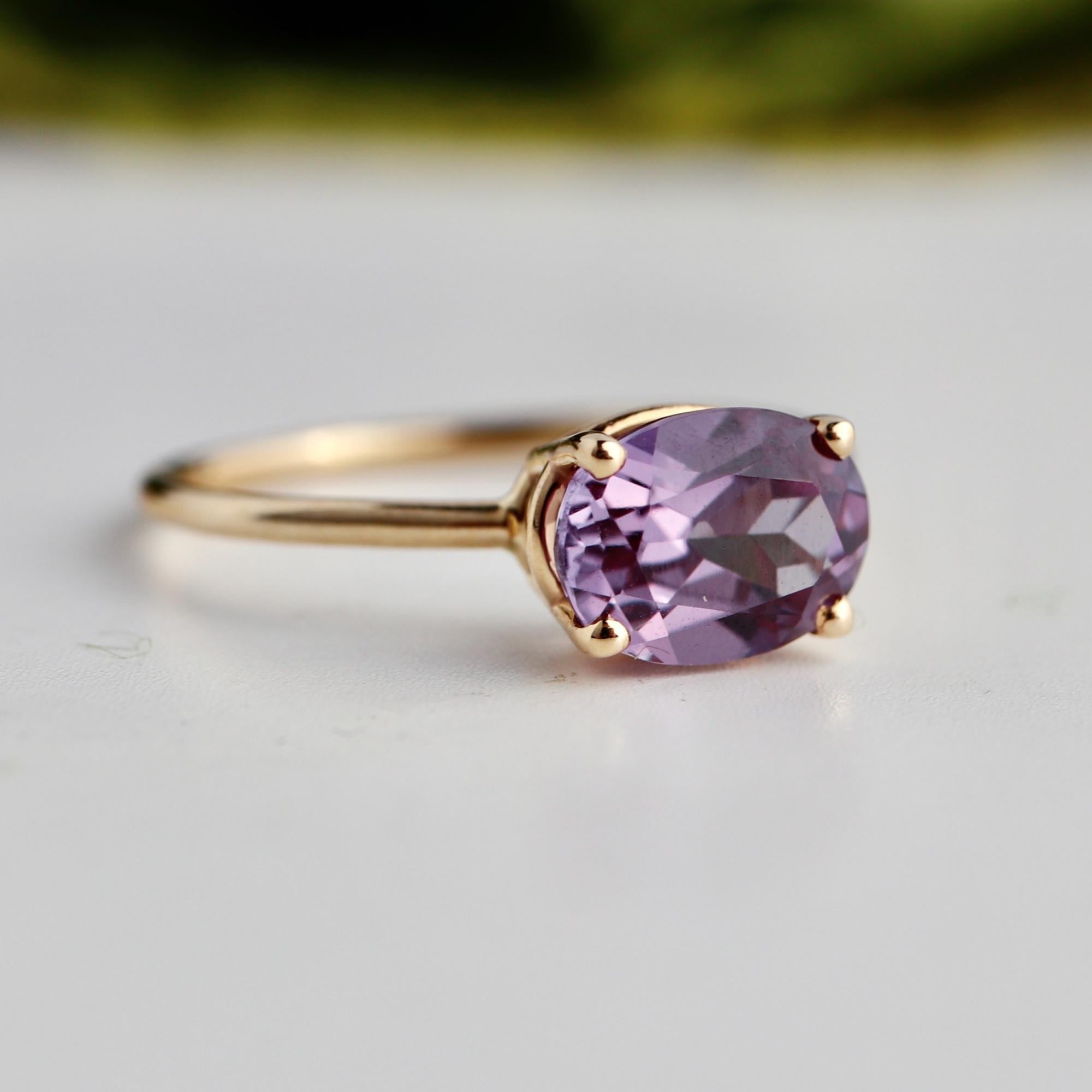 Color Change Sapphire Ring 14K Gold, East West Oval Lab Grown Sapphire Ring, Purple Sapphire Engagement Ring, Alternative Bridal Ring