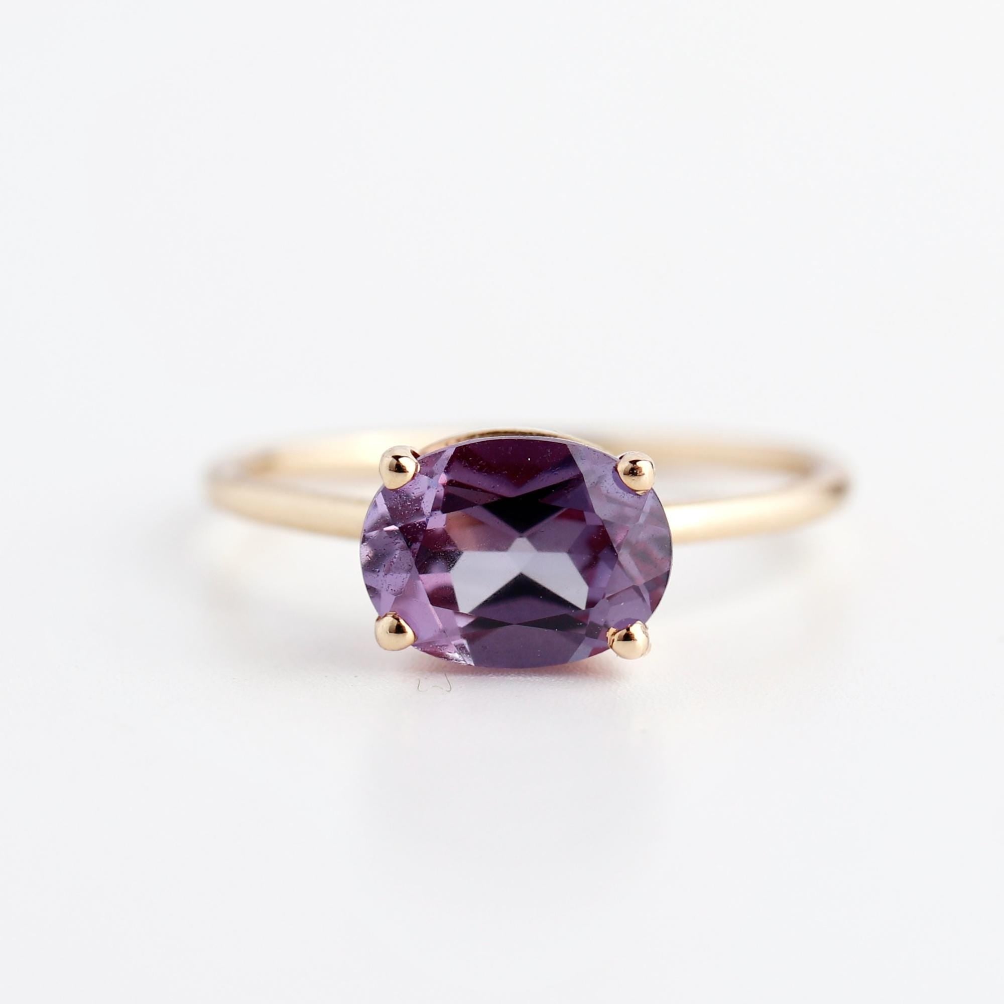 Color Change Sapphire Ring 14K Gold, East West Oval Lab Grown Sapphire Ring, Purple Sapphire Engagement Ring, Alternative Bridal Ring