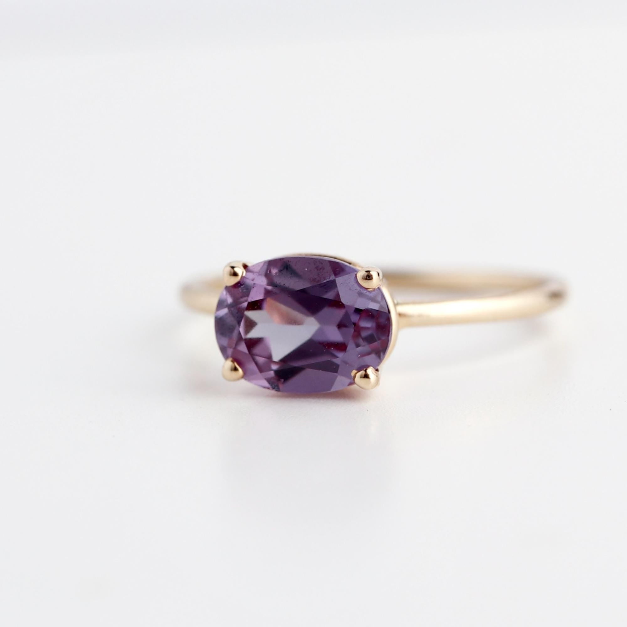 Color Change Sapphire Ring 14K Gold, East West Oval Lab Grown Sapphire Ring, Purple Sapphire Engagement Ring, Alternative Bridal Ring