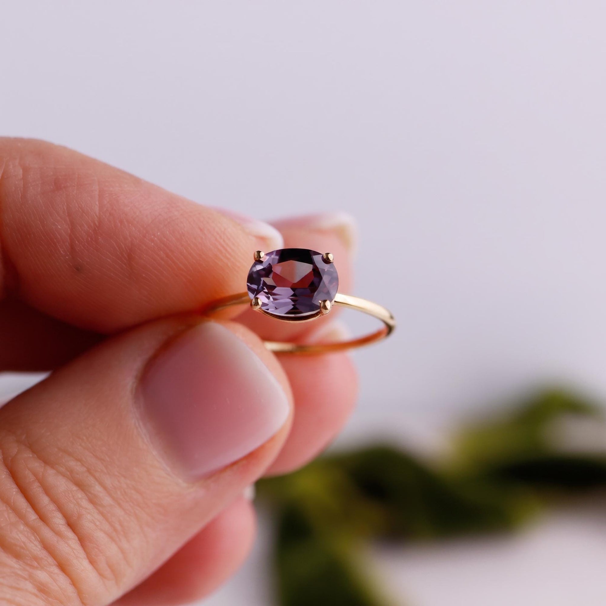 Color Change Sapphire Ring 14K Gold, East West Oval Lab Grown Sapphire Ring, Purple Sapphire Engagement Ring, Alternative Bridal Ring