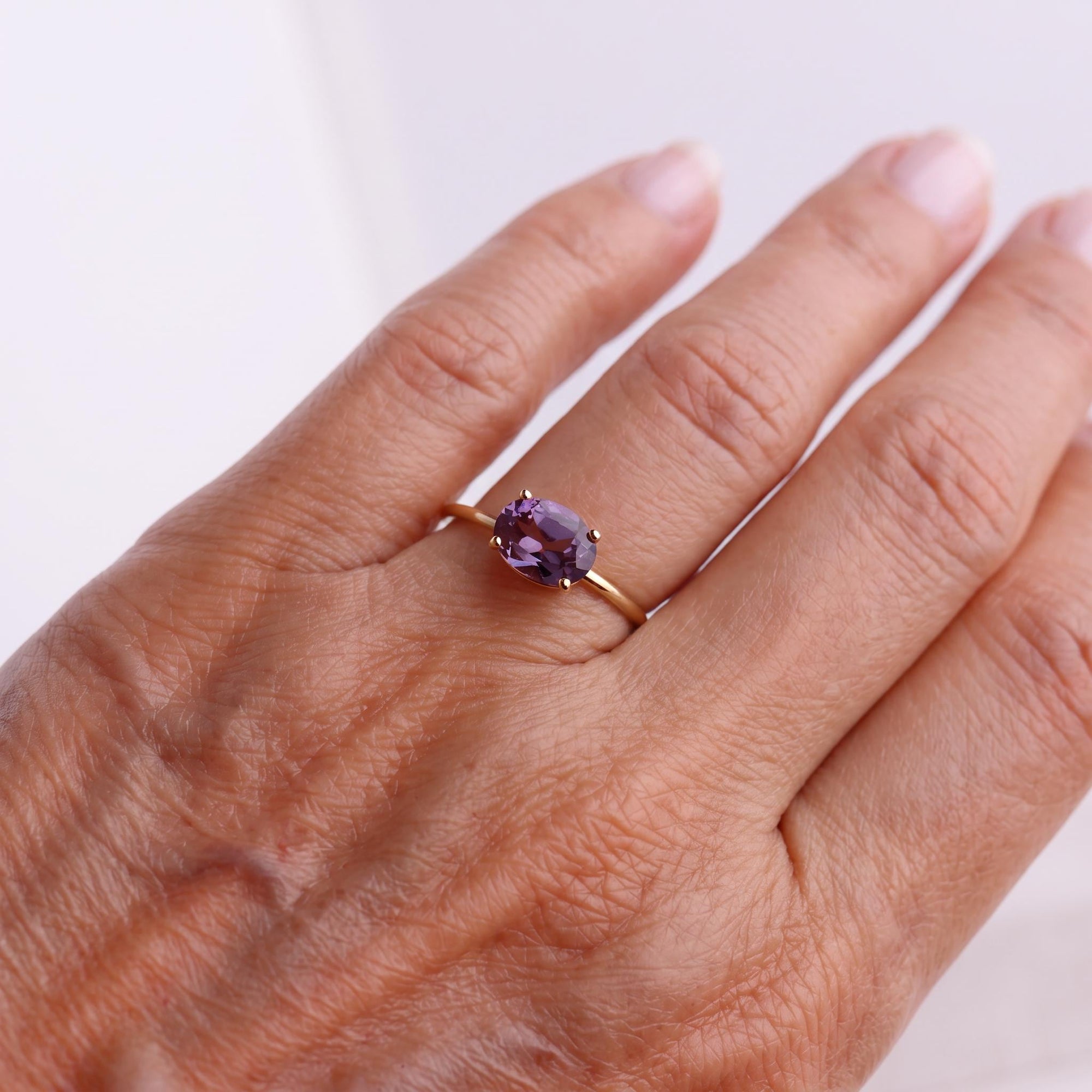 Color Change Sapphire Ring 14K Gold, East West Oval Lab Grown Sapphire Ring, Purple Sapphire Engagement Ring, Alternative Bridal Ring