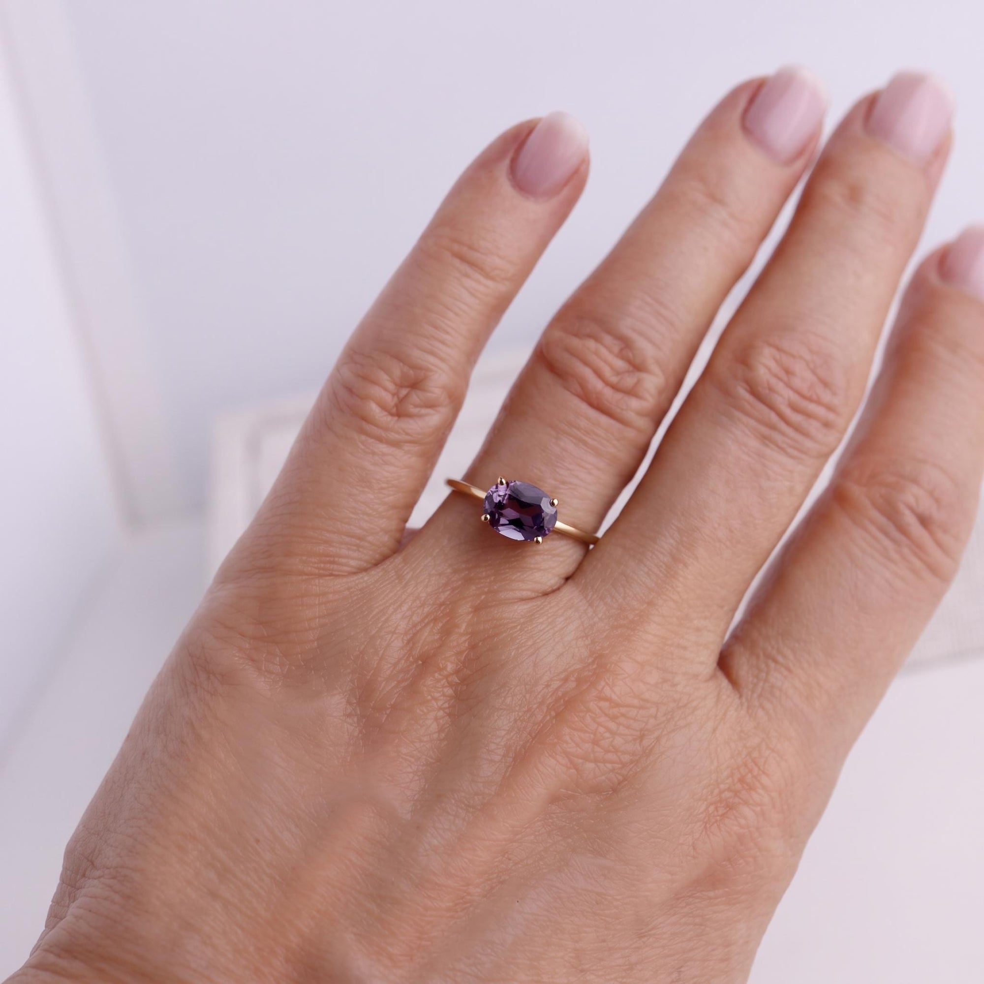 Color Change Sapphire Ring 14K Gold, East West Oval Lab Grown Sapphire Ring, Purple Sapphire Engagement Ring, Alternative Bridal Ring