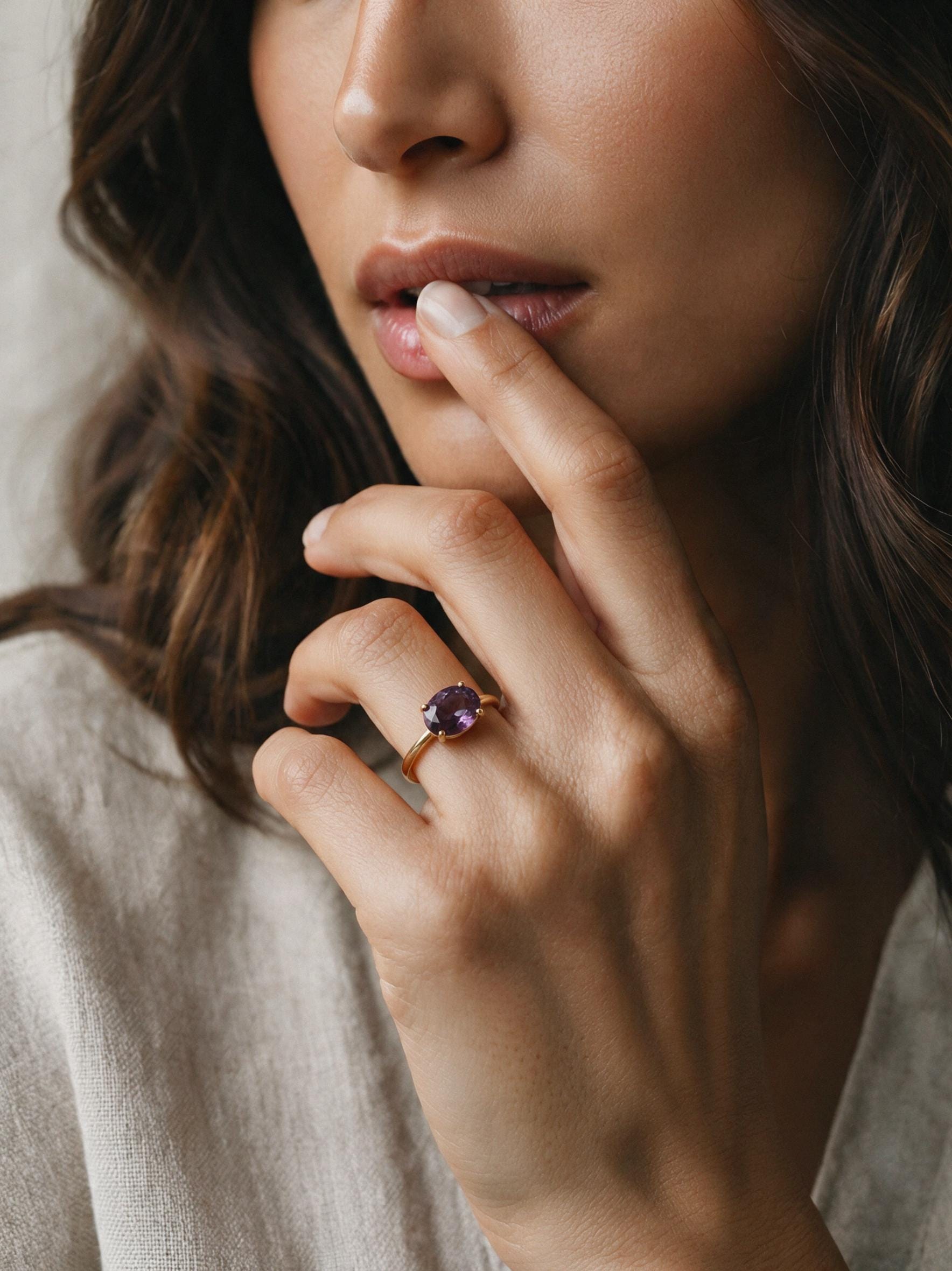 Color Change Sapphire Ring 14K Gold, East West Oval Lab Grown Sapphire Ring, Purple Sapphire Engagement Ring, Alternative Bridal Ring