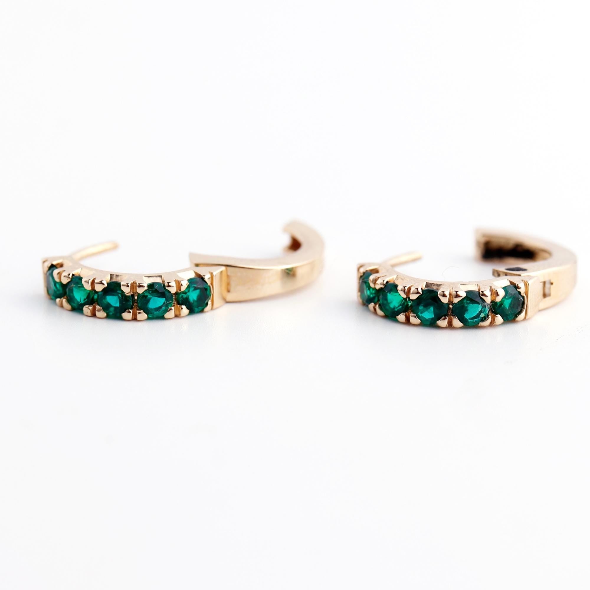 Emerald Huggie Earrings 14K Gold, Lab Grown Emerald Hoop Earrings, 15mm Solid Gold Huggies, Green Gemstone Fine Jewelry