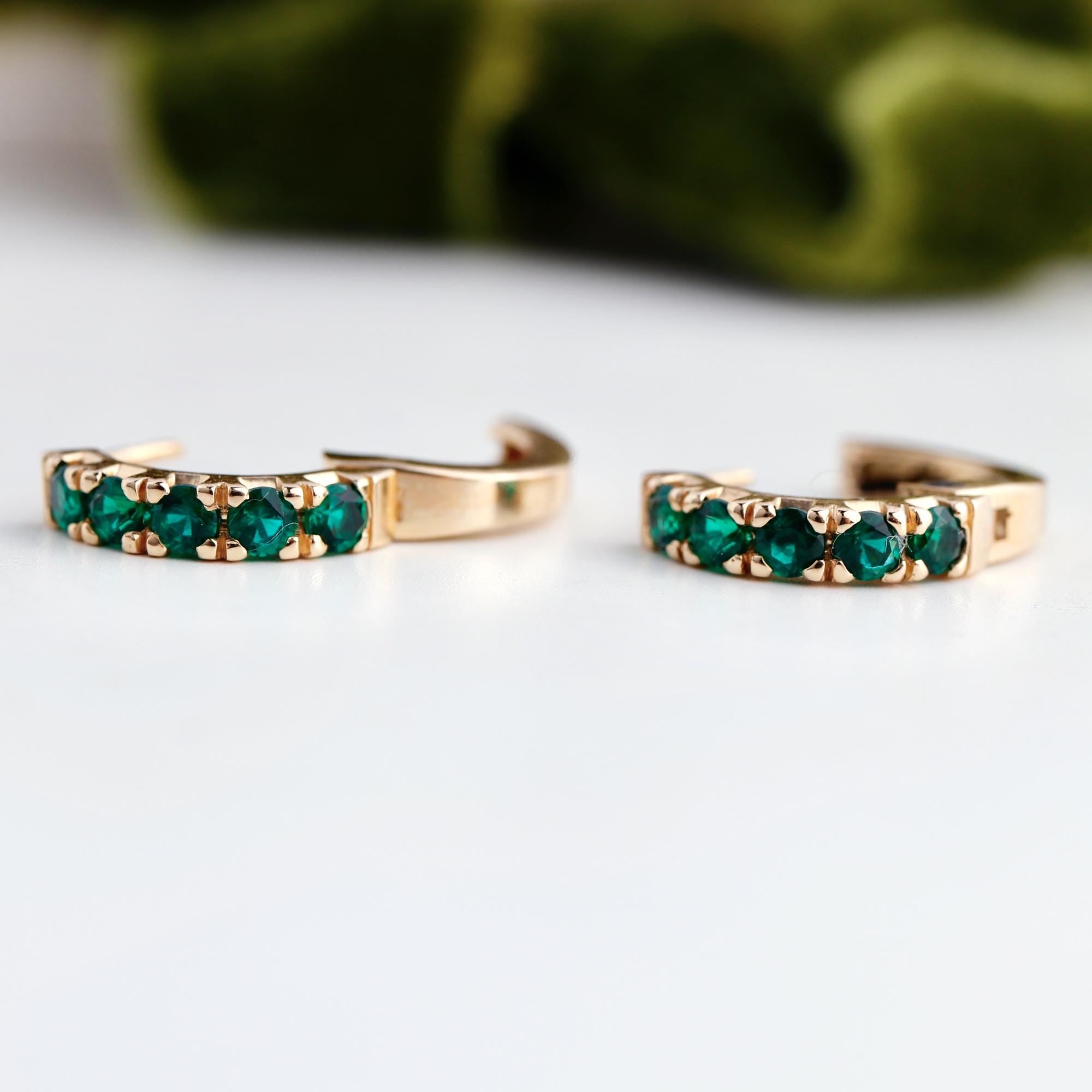 Emerald Huggie Earrings 14K Gold, Lab Grown Emerald Hoop Earrings, 15mm Solid Gold Huggies, Green Gemstone Fine Jewelry