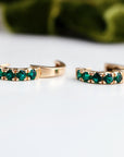 Emerald Huggie Earrings 14K Gold, Lab Grown Emerald Hoop Earrings, 15mm Solid Gold Huggies, Green Gemstone Fine Jewelry