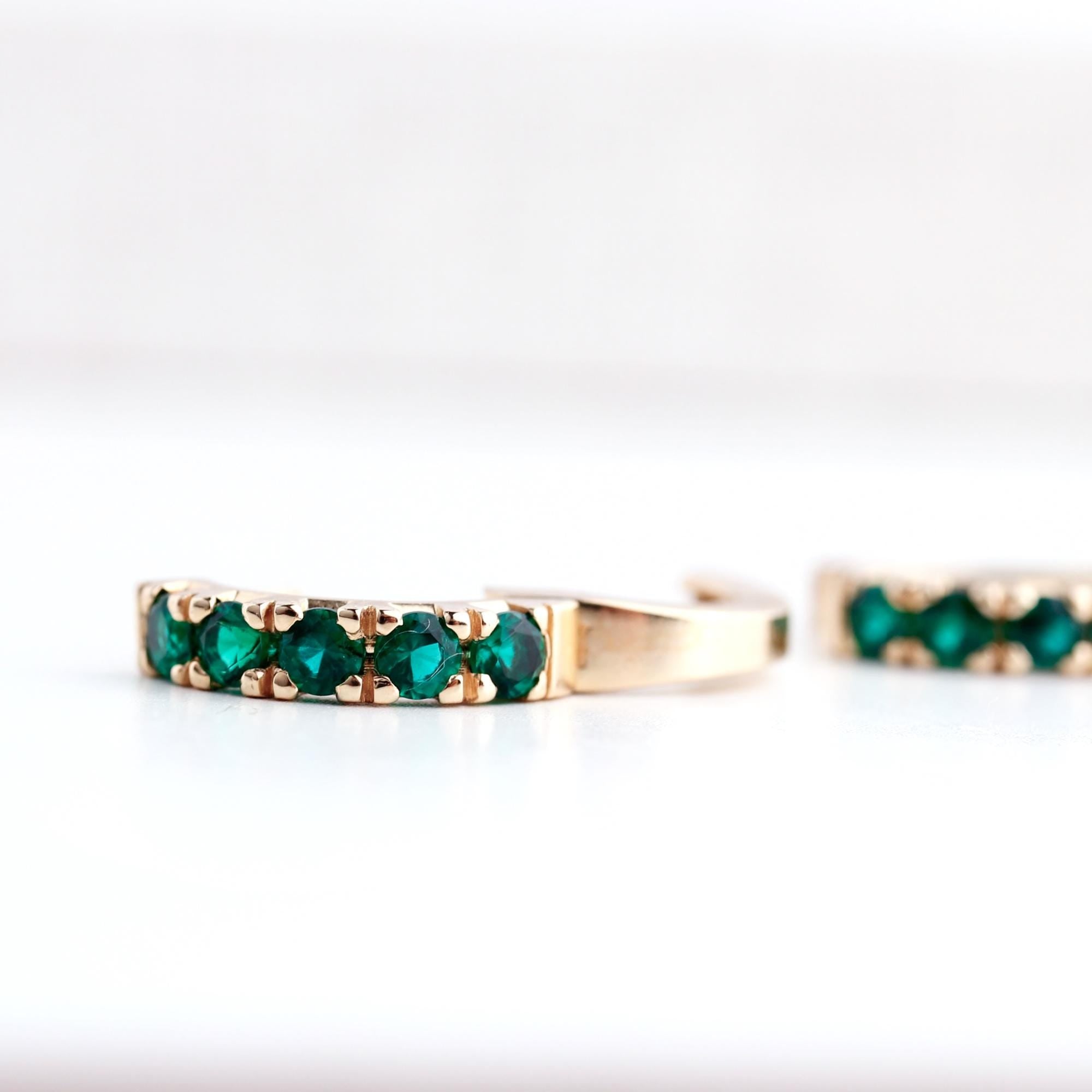 Emerald Huggie Earrings 14K Gold, Lab Grown Emerald Hoop Earrings, 15mm Solid Gold Huggies, Green Gemstone Fine Jewelry