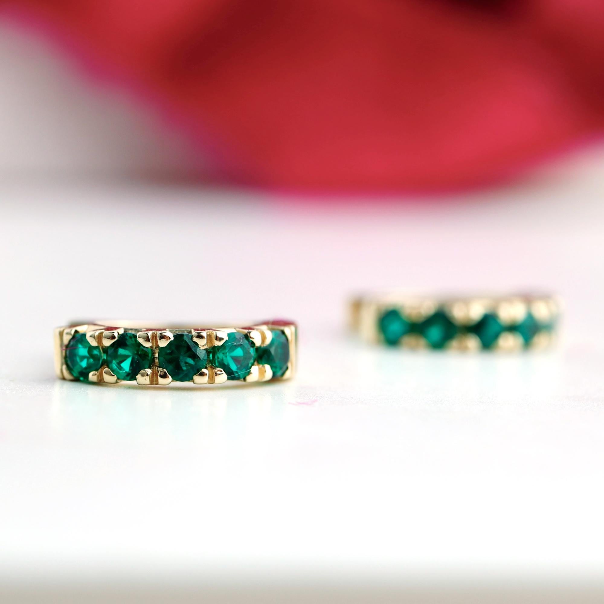 Emerald Huggie Earrings 14K Gold, Lab Grown Emerald Hoop Earrings, 15mm Solid Gold Huggies, Green Gemstone Fine Jewelry