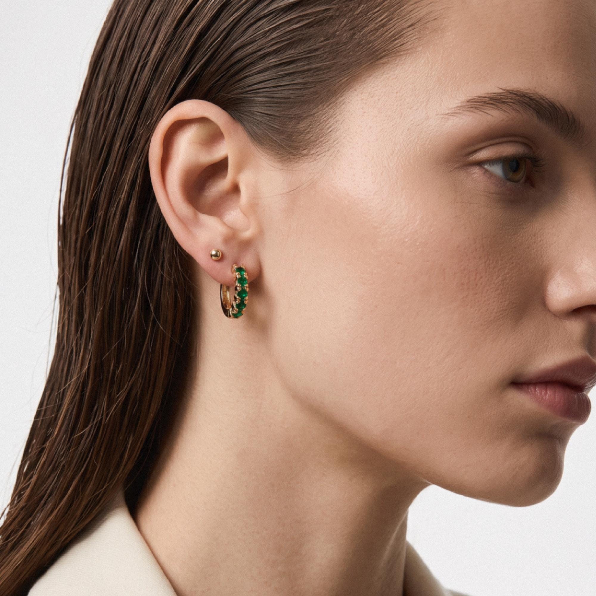 Emerald Huggie Earrings 14K Gold, Lab Grown Emerald Hoop Earrings, 15mm Solid Gold Huggies, Green Gemstone Fine Jewelry