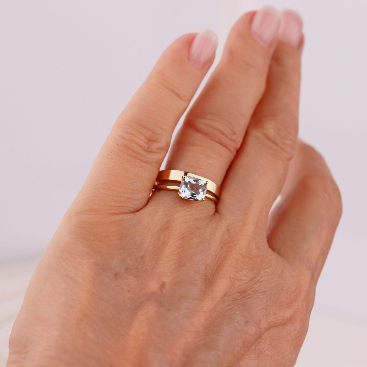 Cushion Cut Aquamarine Ring 14k Gold, Floral Basket Setting Ring