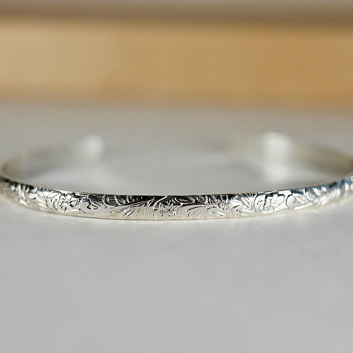 Sterling Silver Open Cuff Bracelet Leaf &amp; Flowers, Handwriting Inside - Melt'm Jewelry