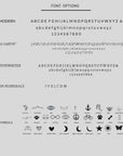 A chart showing font options labeled Modern, Script, Typewriter, and Roman Numerals, along with rows of small symbol icons at the bottom.