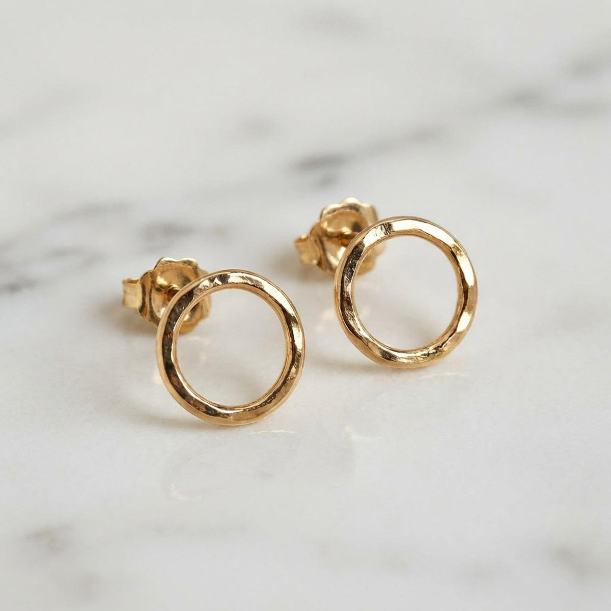 Hammered Circle Stud Earrings, 10mm Gold Filled or Sterling Silver Studs, Minimalist Everyday Earrings, Handmade Jewelry Gift shown in an AI-generated listing photo